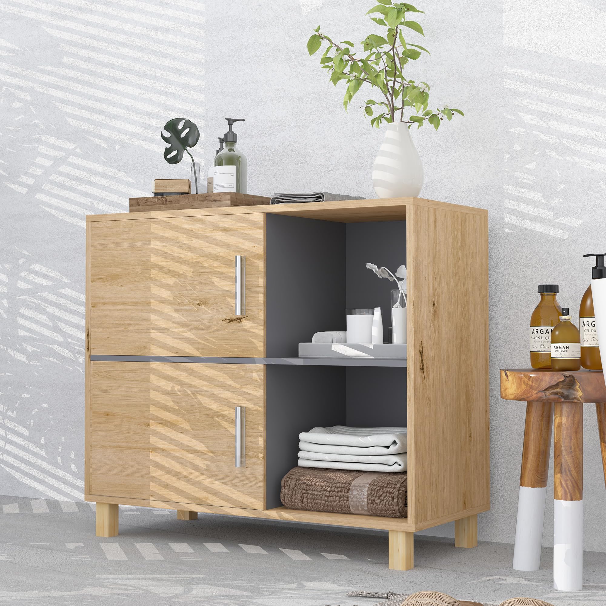 HOMCOM Meble łazienkowe, szafka do przechowywania z otwartymi przegródkami i szafą, szafka łazienkowa niedz. 80 l x 35P x 70H cm, naturalne drewno