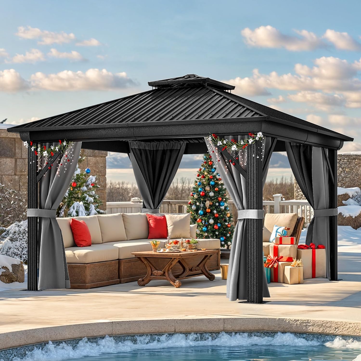 YITAHOME 12x12ft Hardtop Gazebo, Heavy Duty Double Roof Galvanized Steel Outdoor with Nettings and Curtains Combined of Vertical Stripes Roof for Patio, Backyard, Deck, Lawns, Gray