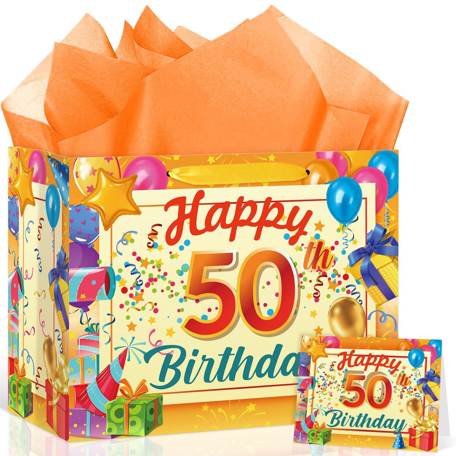 Large Teal 50th Birthday Gift Bag, Colorful "50" Happy Birthday Decoration Gift Wrap Bag, Turquoise 50th Anniversary Party Gift Bag with Tissue Paper and Card for Men or Women