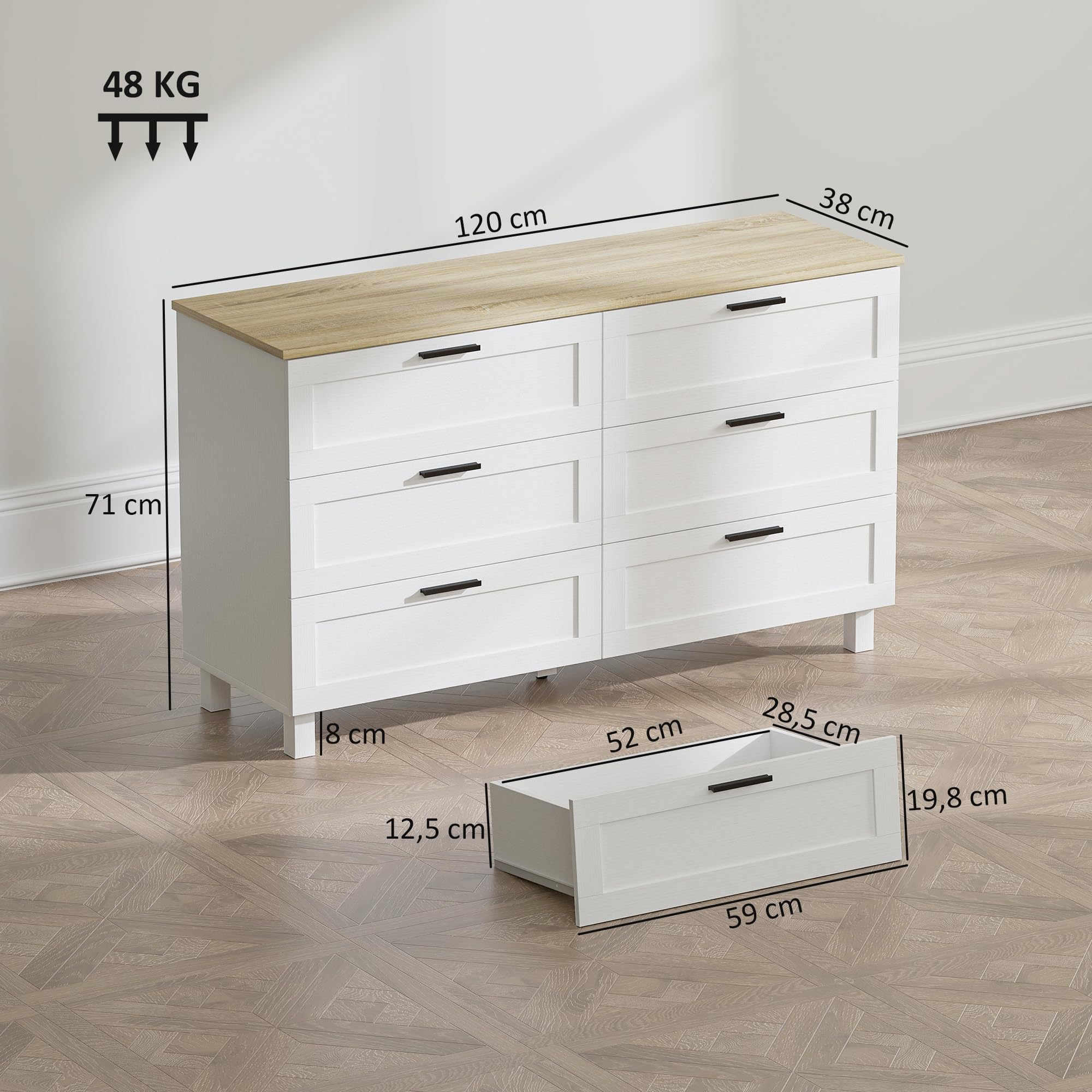 HOMCOM Commode 6 tiroirs, Meuble de Rangement avec Pieds en Bois de pin, Style Moderne, Commode pour Chambre à Coucher, Salon, Couloir, 120 x 38 x 71 cm, Bois Naturel et Blanc