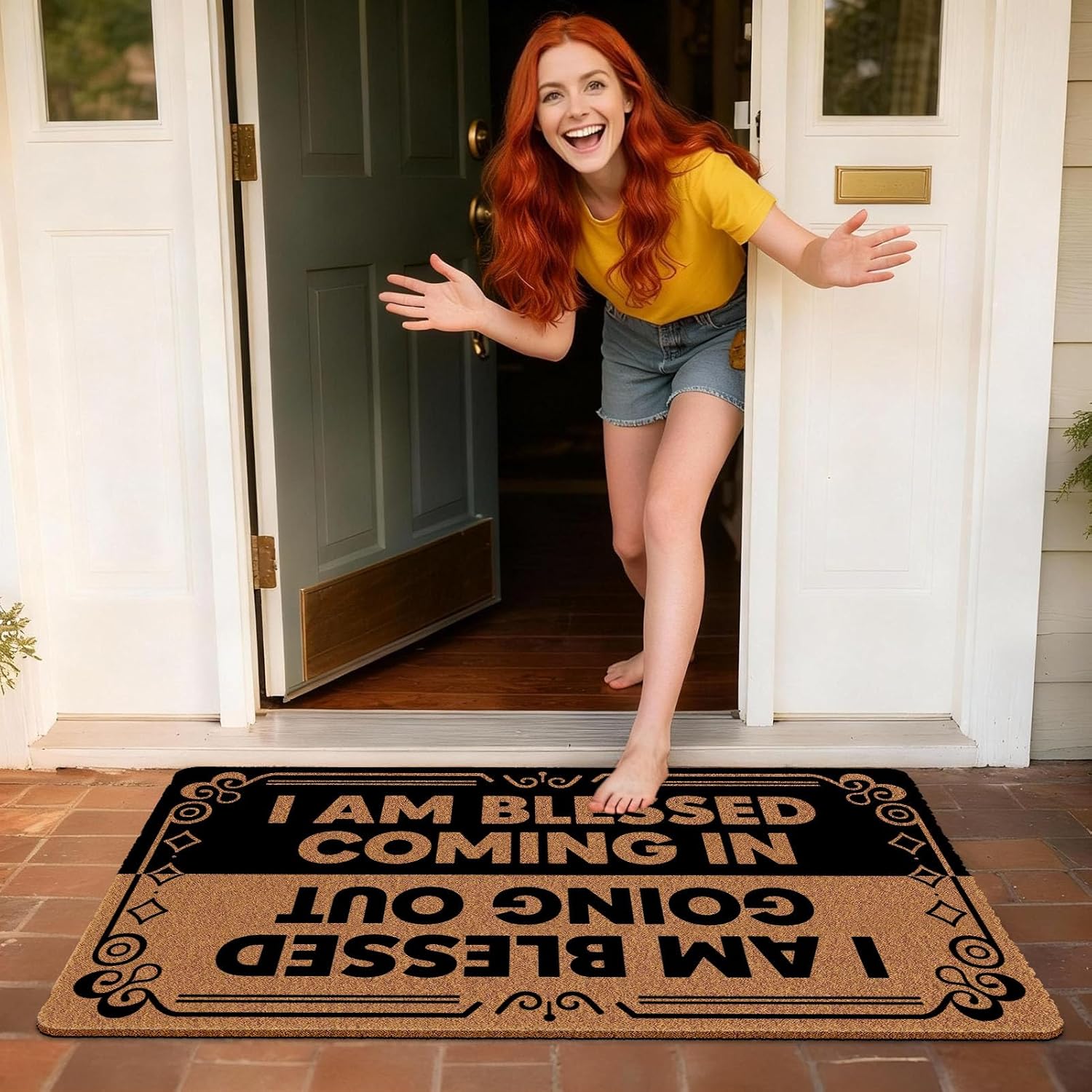 Funny Welcome Door Mat, Blessed Coming in & Going Out Doormat, Fun Greeting Christian Doormats, Durable Non-Slip Indoor & Outdoor Mat for Home, Housewarming Gift, 17x30 Inch