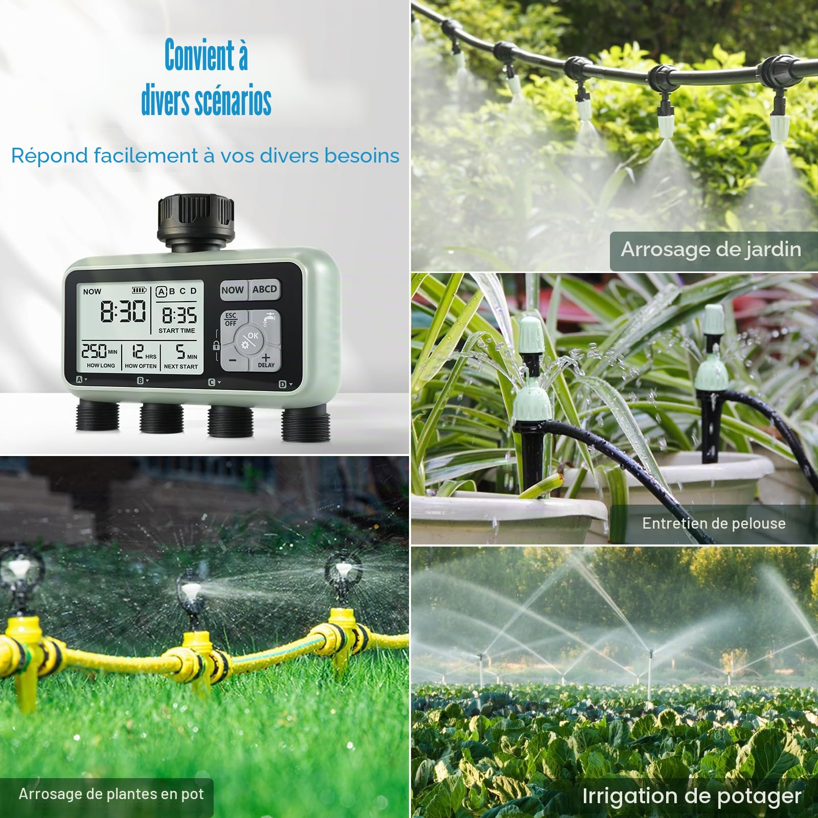 CROSOFMI 4 Voies Programmateur Arrosage Automatique Minuteur Arrosage pour Jardin Programmateur Robinet Arrosage Connecté/Mode Verrouillage Enfant/Mode Automatique & Manuel/Retard De Pluie/IPX5