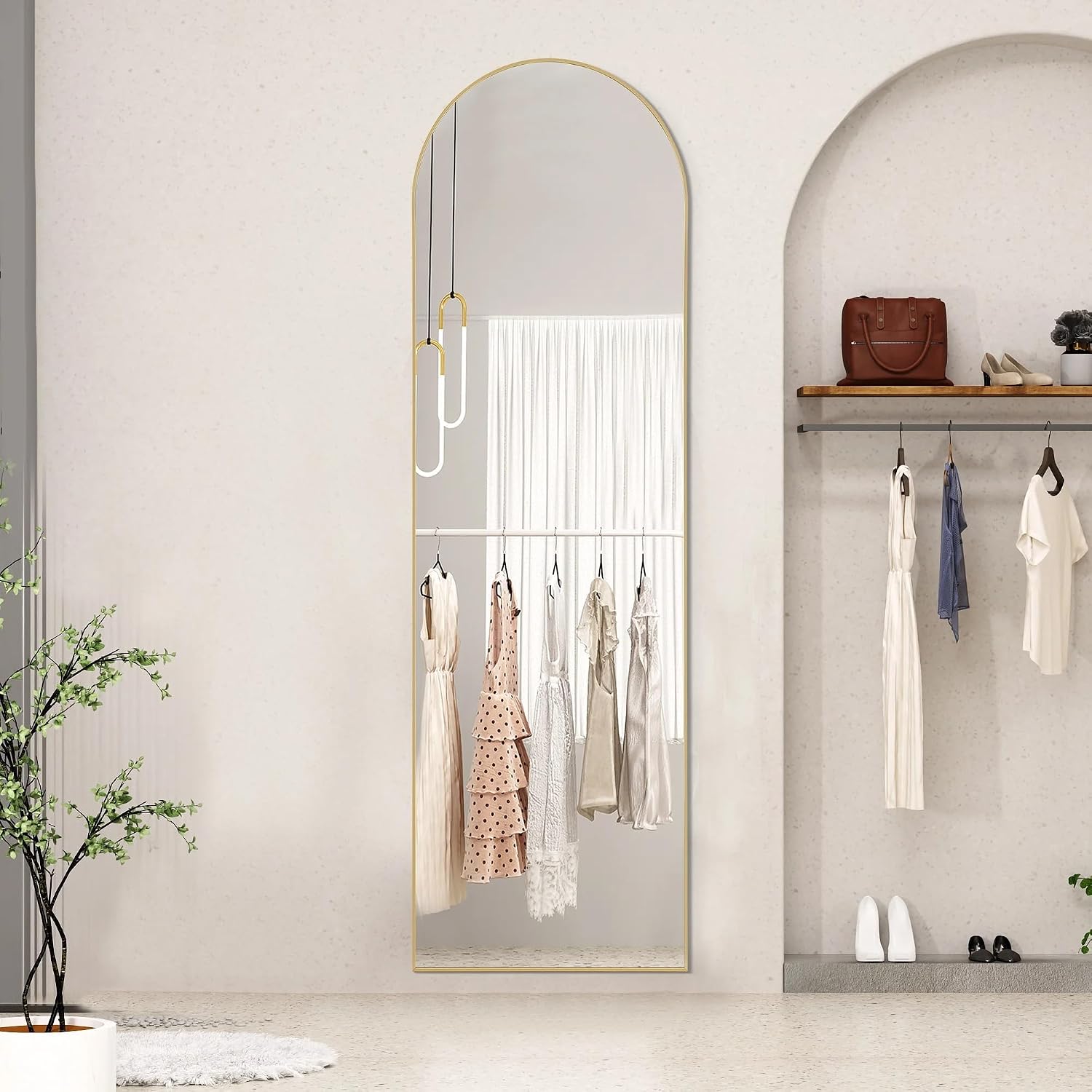 Arched Full Length Floor Mirror, Gold Aluminum Alloy Frame, 59"x16" Inch, Freestanding or Wall Leaning, Bedroom