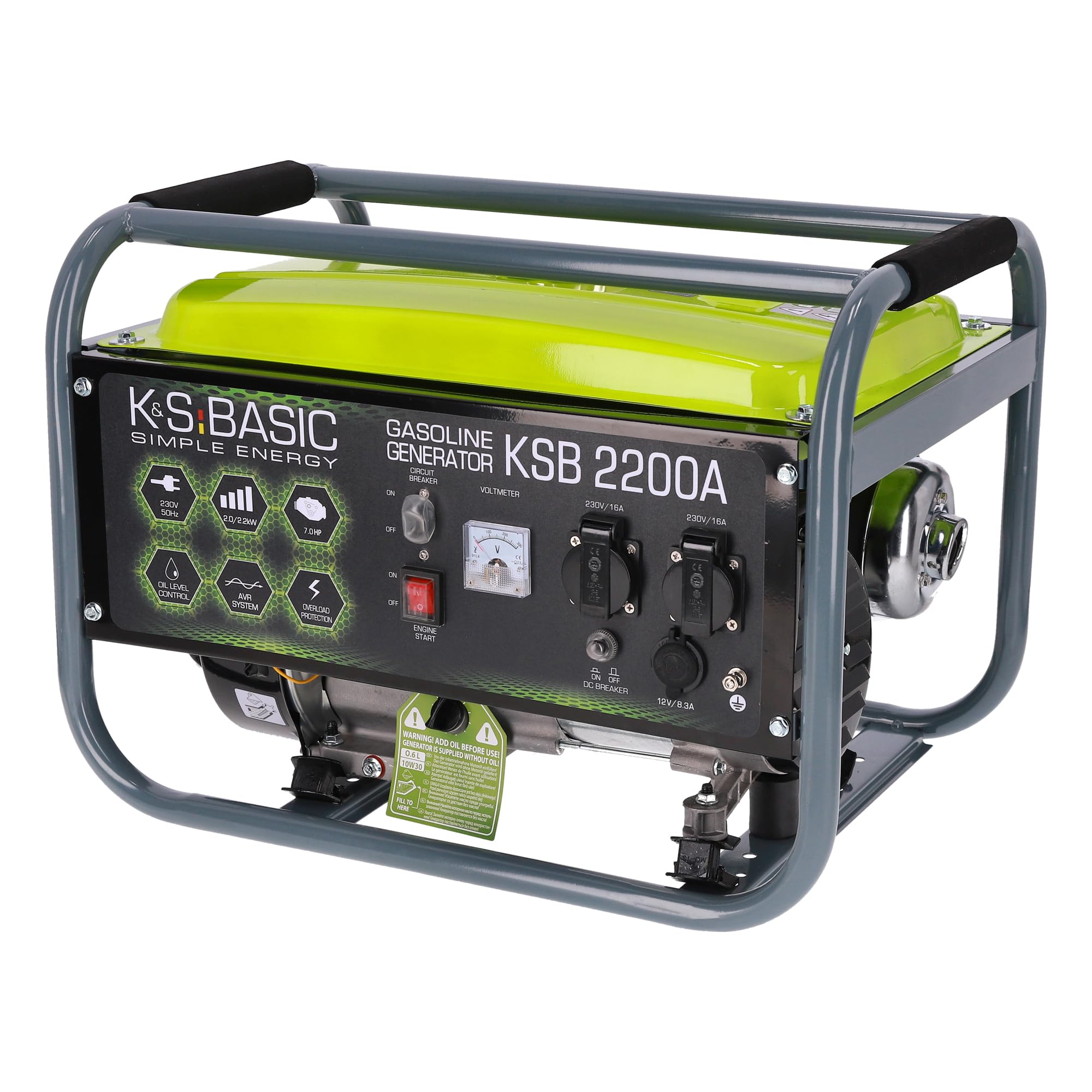 Generador de gasolina KSB 2200A con la potencia de 2200 W, arranque manual, regulador automático de voltaje (AVR), voltímetro, 2 x Schuko 230 V, salida 12V, alternador con bobinado de aluminio