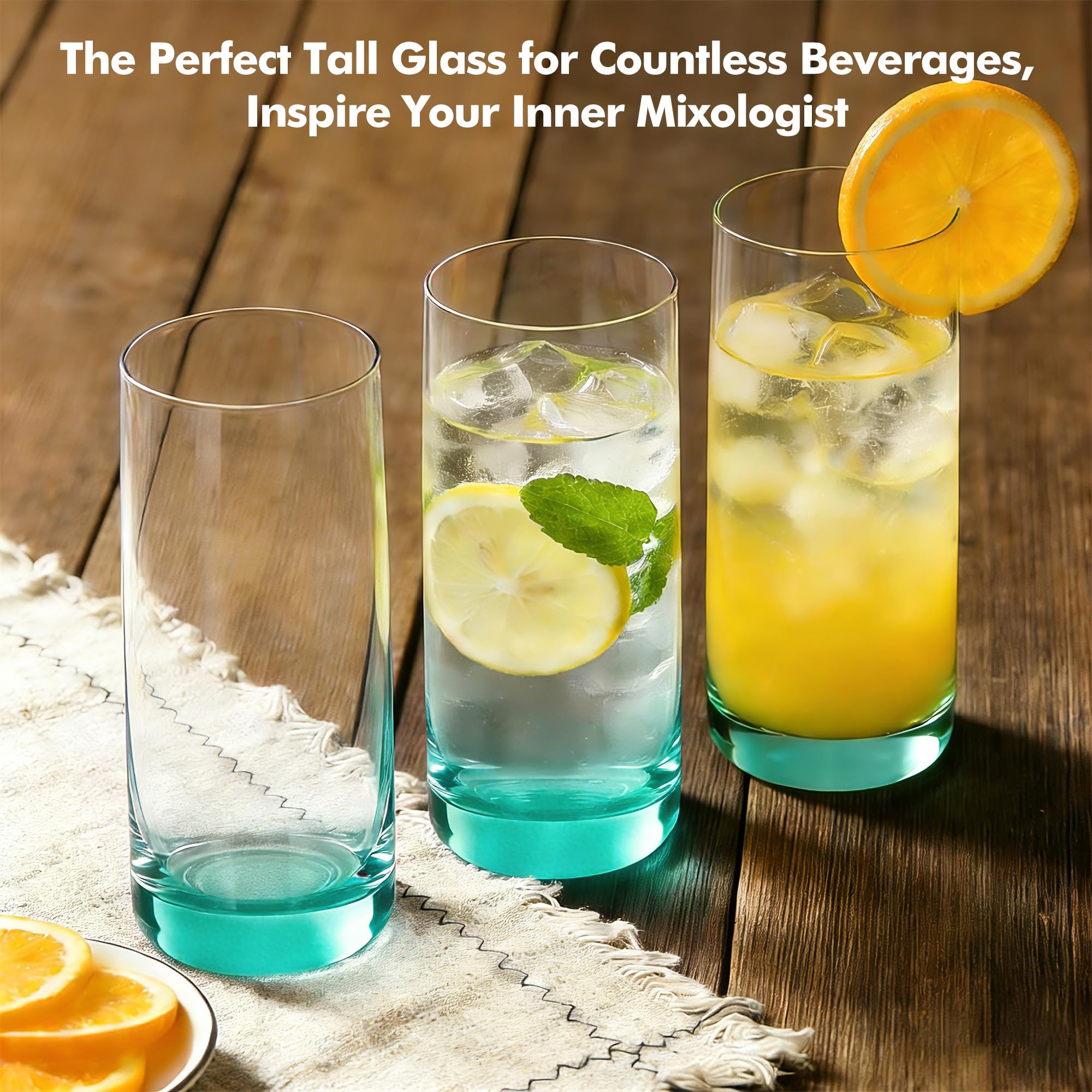 Verres Long Drink Set de 6, 385 ml Verres à Cocktail Verts | Verres pour Mojito, Gin Tonic, Soda, Bière et Eau, Verres Hauts Épais & Stables pour Cuisine, Bar et Fêtes