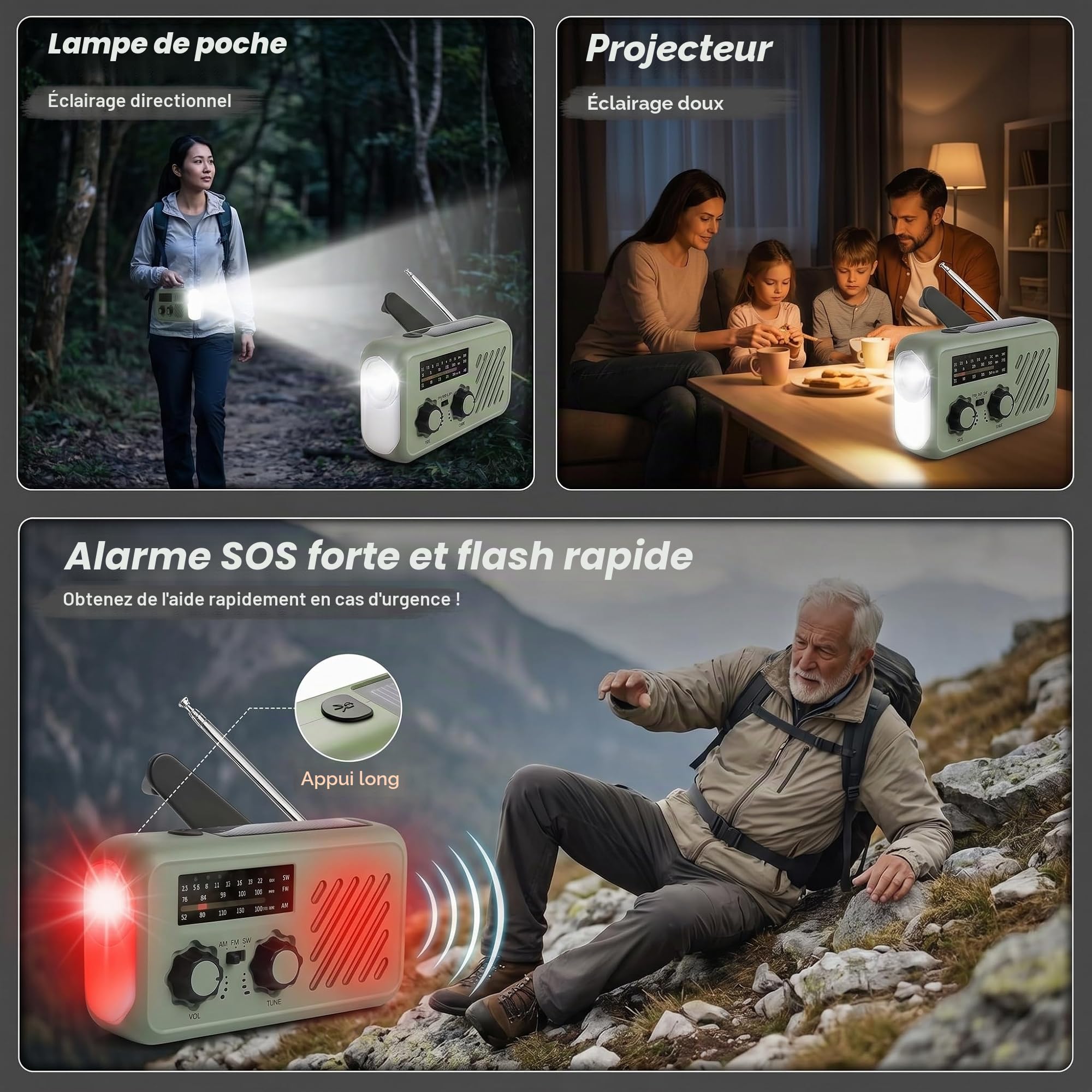 Radio Portable Urgence, Radio de Survie AM/FM Solaire & Dynamo, Powerbank 2000mAh, Lampe LED Torche + Lecture, Alarme SOS - 4 Modes de Charge, Idéale Camping, Panne de Courant, Voiture