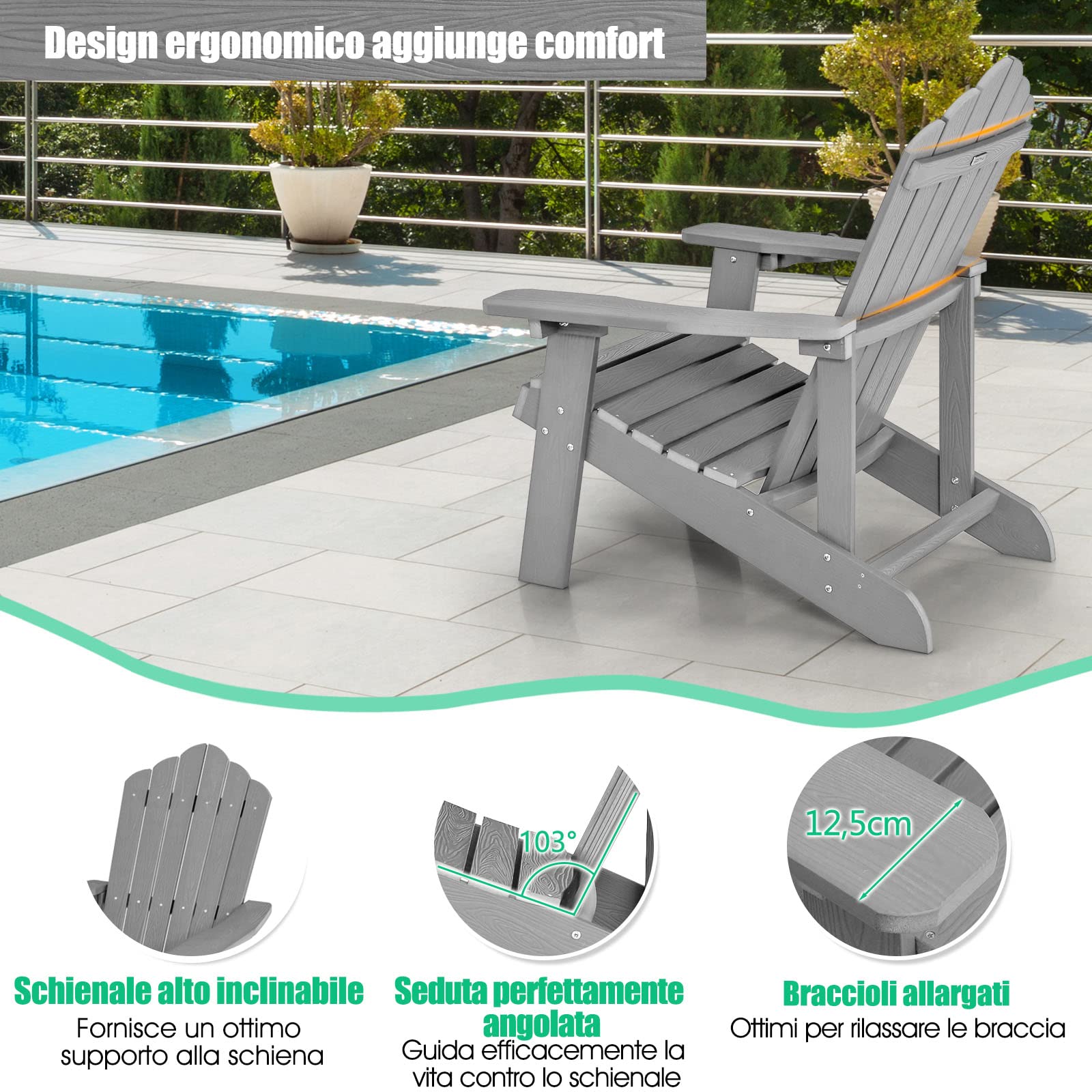 COSTWAY Sedia da Giardino Adirondack in HIPS, Sedia Adirondack con Portabicchieri, Poltrona da Esterno Resistente, per Giardino, Balcone, Piscina, Portata 150 kg (1, Grigio)