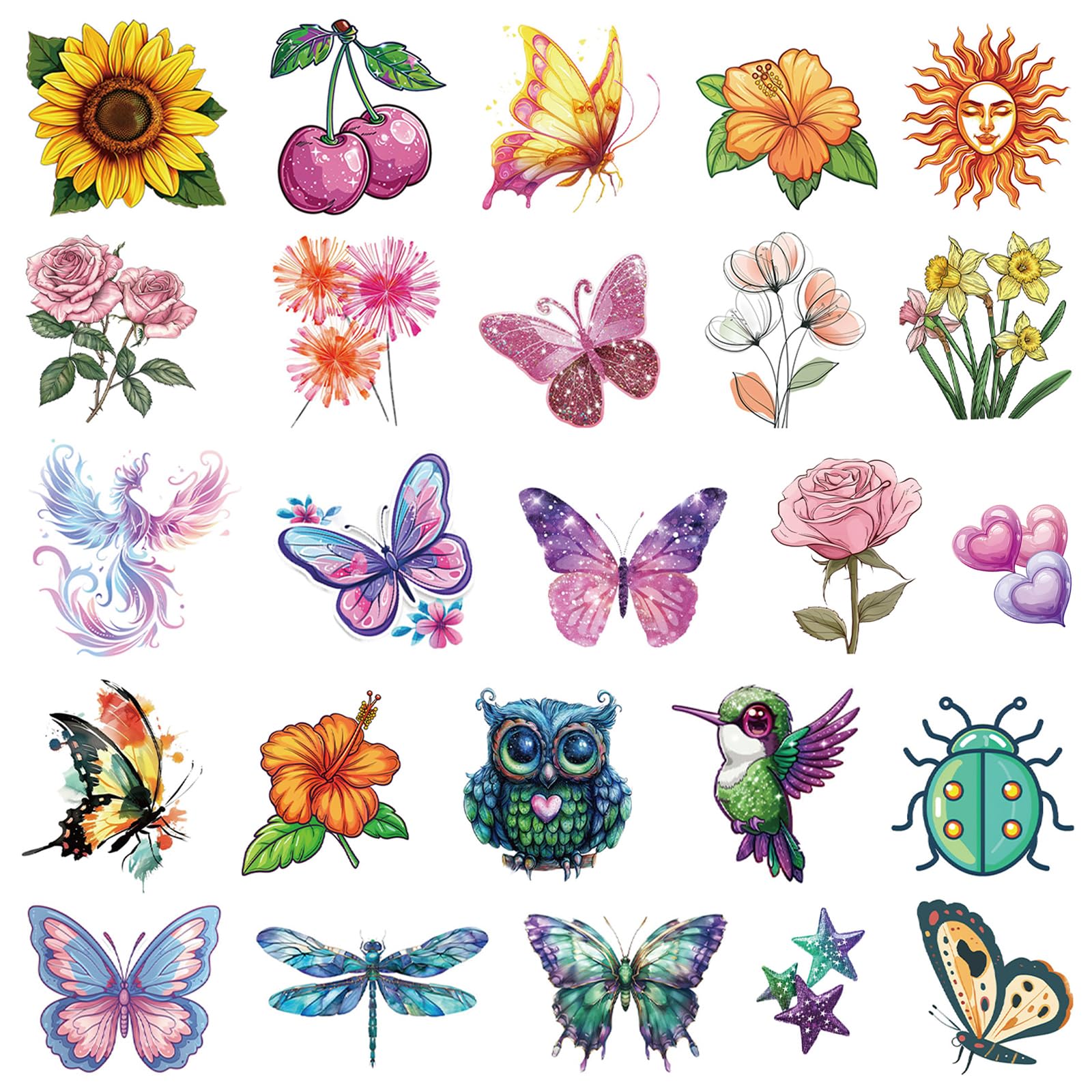 Hohamn Glitter Temporary Tattoos for Girls 10 Sheets Glitter Flowers Bird Butterfly Heart Temporary Tattoos for Girls Kids Birthday Party Supplies