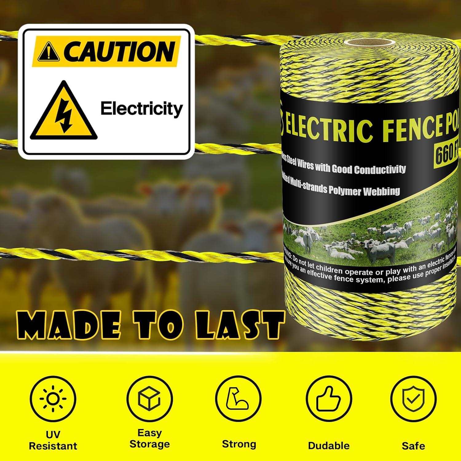 Electric Fence Poly Wire 660 Feet 200 Meters 1/8" Dia Portable Electric Fencing Polywires and 100 Pcs Black Electric Fence Insulator (Grid System Accessories for Animal Husbandry Electronic)