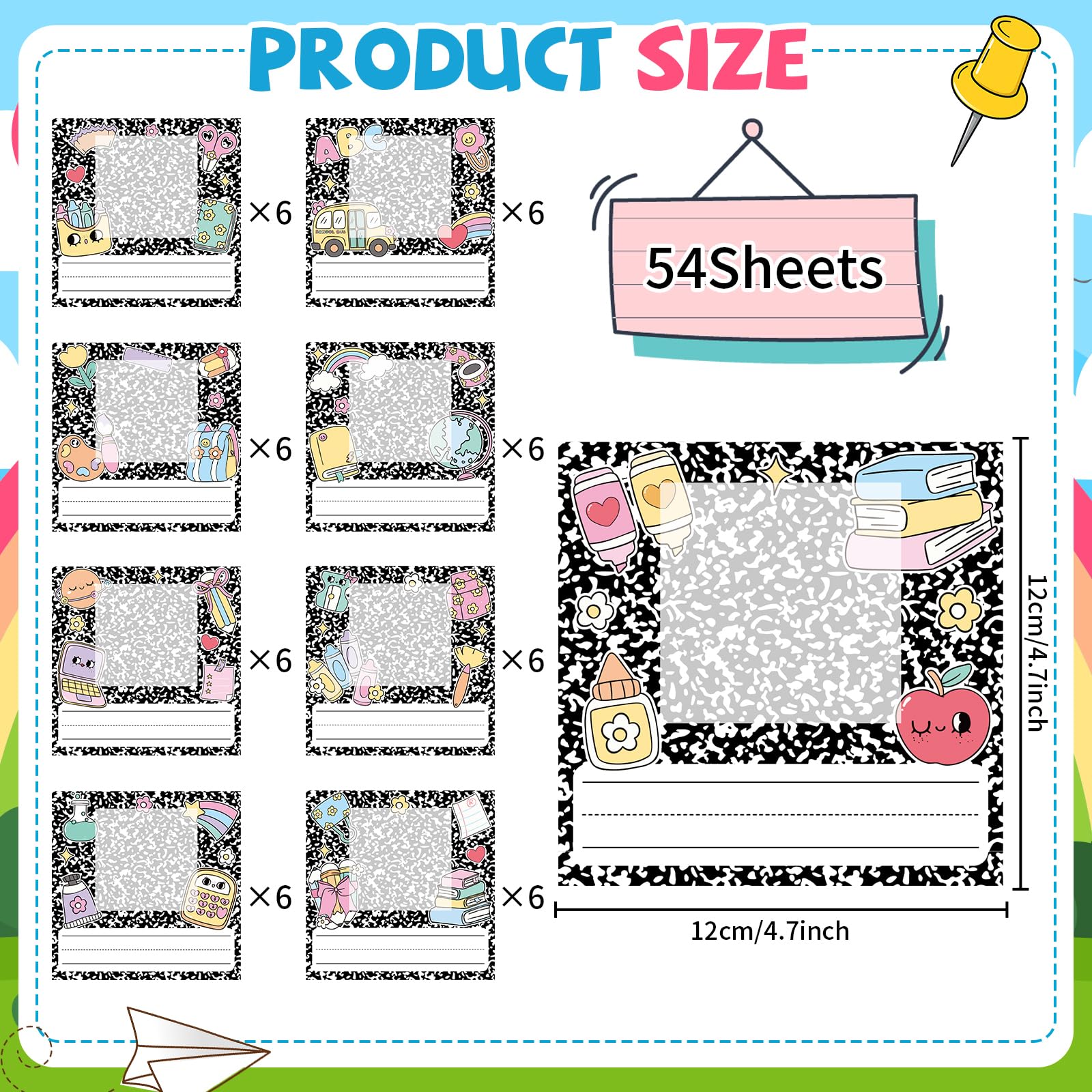 Lot de 54 étiquettes de nom autocollantes pour livre de composition, 12 x 11 cm, étiquettes autocollantes avec photo pour la rentrée scolaire, les bacs de bureau, les cubbies