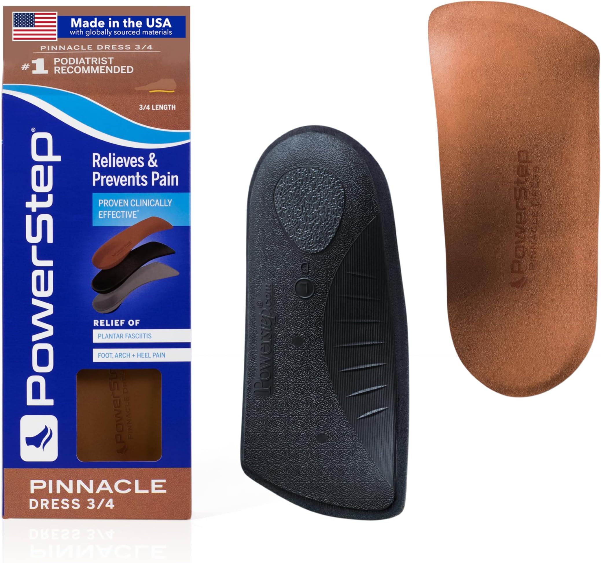 Pinnacle Dress 3/4 Orthotic Insoles, Arch Pain Relief for Tight Dress Shoes, Plantar Fasciitis Relief, Supports Pronation, Made in The USA (Men's 7-8.5 / Women's 9-10.5)
