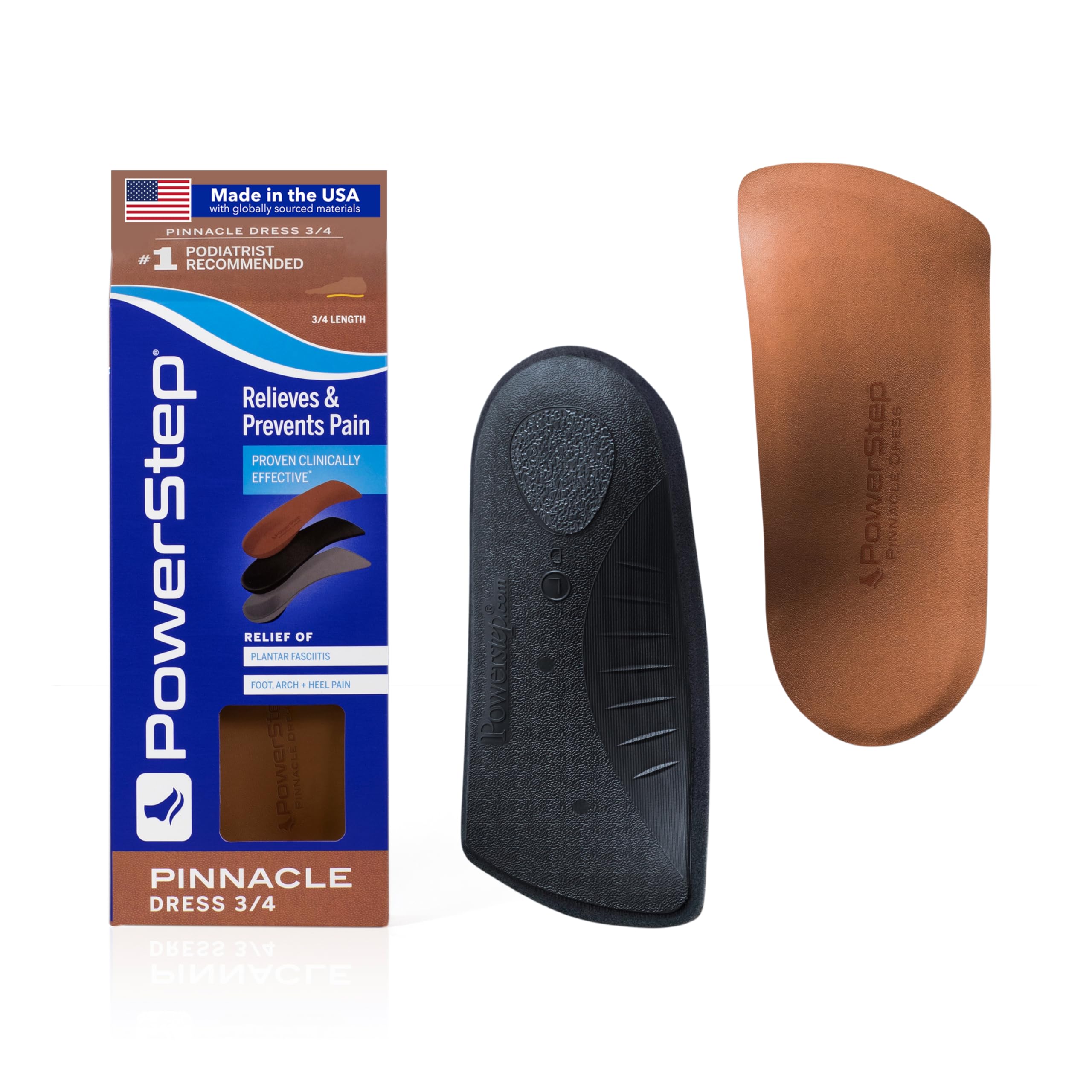 Pinnacle Dress 3/4 Orthotic Insoles, Arch Pain Relief for Tight Dress Shoes, Plantar Fasciitis Relief, Supports Pronation, Made in The USA (Men's 7-8.5 / Women's 9-10.5)