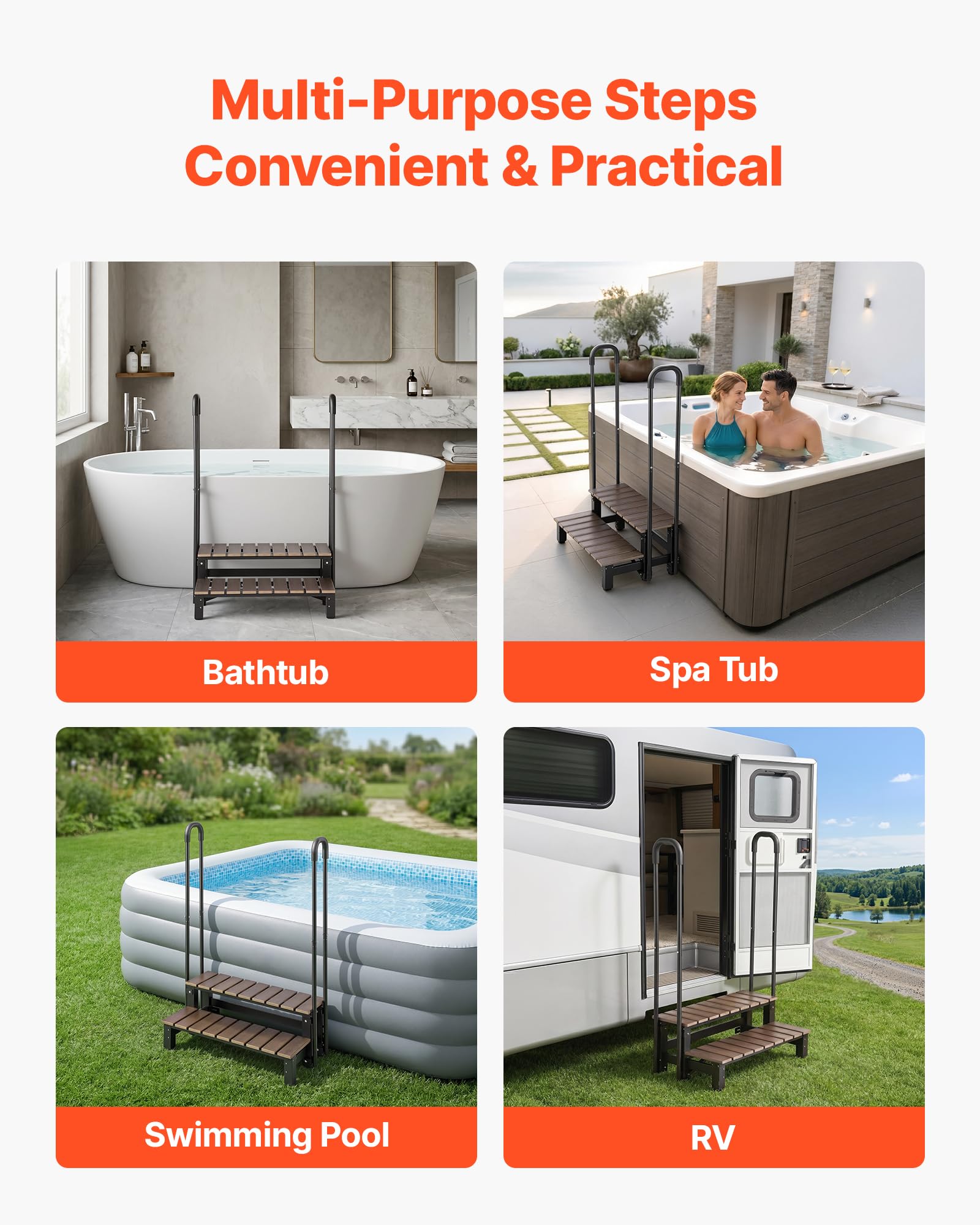 VEVOR Scaletta per Vasca Idromassaggio 2 Gradini da Esterno Carico 250kg | Struttura in Acciaio e HIPS, Corrimano, Piscina Fuori Terra Gonfiabile Camper, Gradino Larghezza 820mm, Scaletta Antiscivolo
