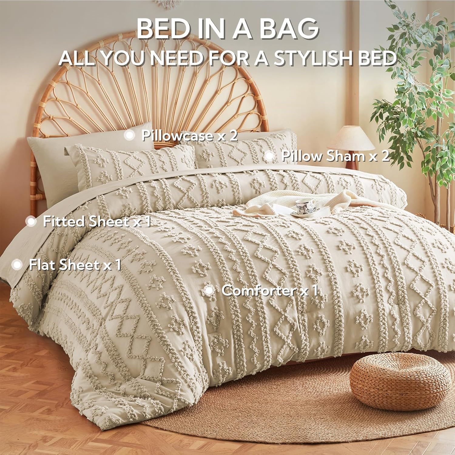 MR&HM Tufted Boho Comforter Set Queen, Linen Farmhouse Bedding Set, Bed in a Bag Set 7 Pieces with 1 Comforter, 2 Pillow Shams, 2 Pillowcases, 1 Flat Sheet, 1 Fitted Sheet for All Seasons - Image 7