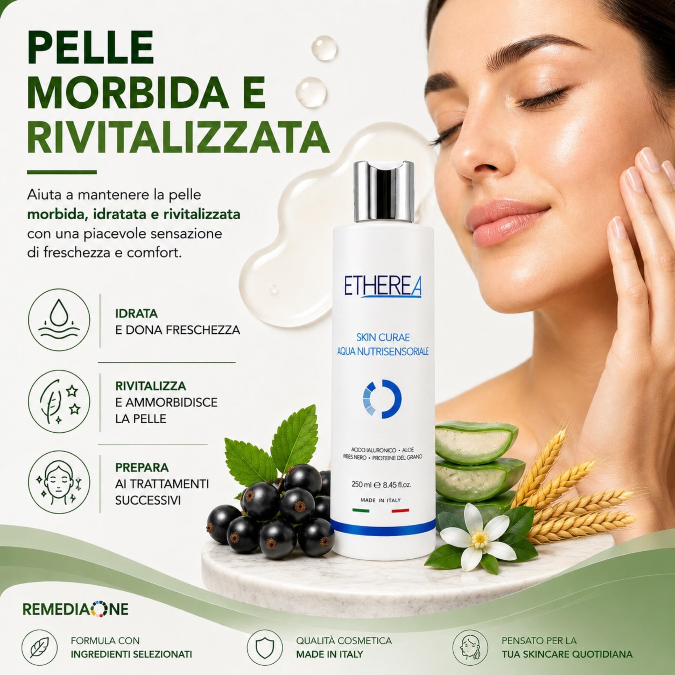 REMEDIA ONE Etherea Tonico Viso Acqua Nutrisensoriale, Ricarica 1 Litro | Face Toner, Acido Ialuronico, Aloe e Ribes Nero, Senza Alcool, Nichel Tested, Tutti i tipi di pelle, Made in Italy