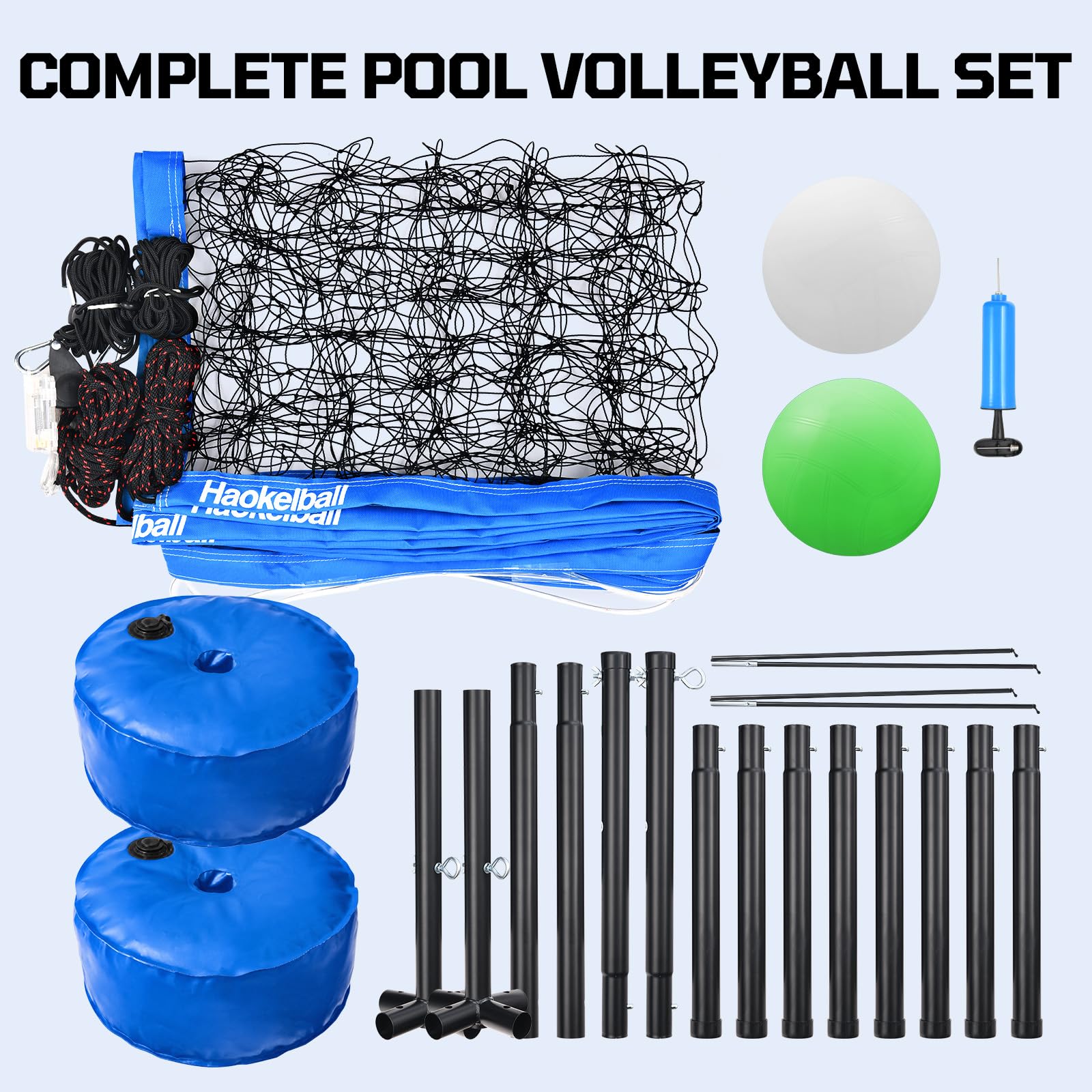 Haokelball Rete da pallavolo da piscina con luce, set da pallavolo da 4,5 a 9,5 m, lunghezza regolabile, rete da pallavolo per piscina con base ponderata, 2 palline da pallavolo Glow e pompa per