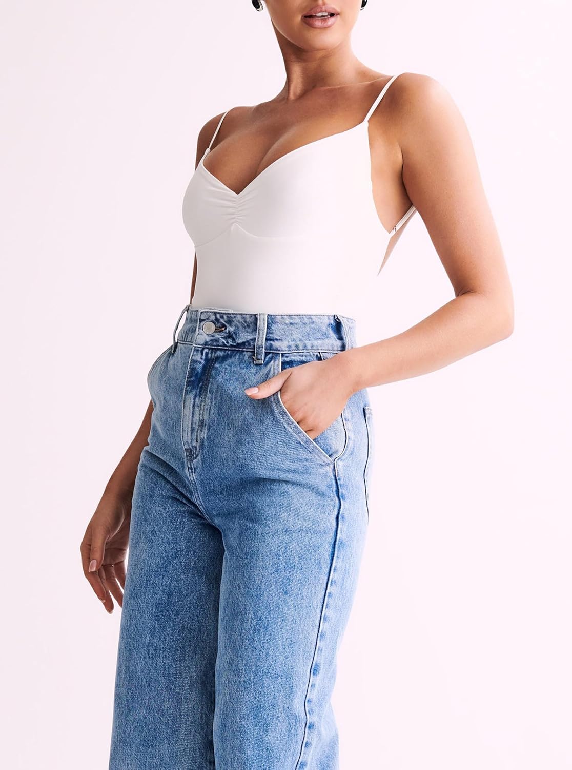 Women's Sexy V Neck Bodysuit Ruched Body Suits Spaghetti Strap Backless Cami Bodysuit Top - Image 4