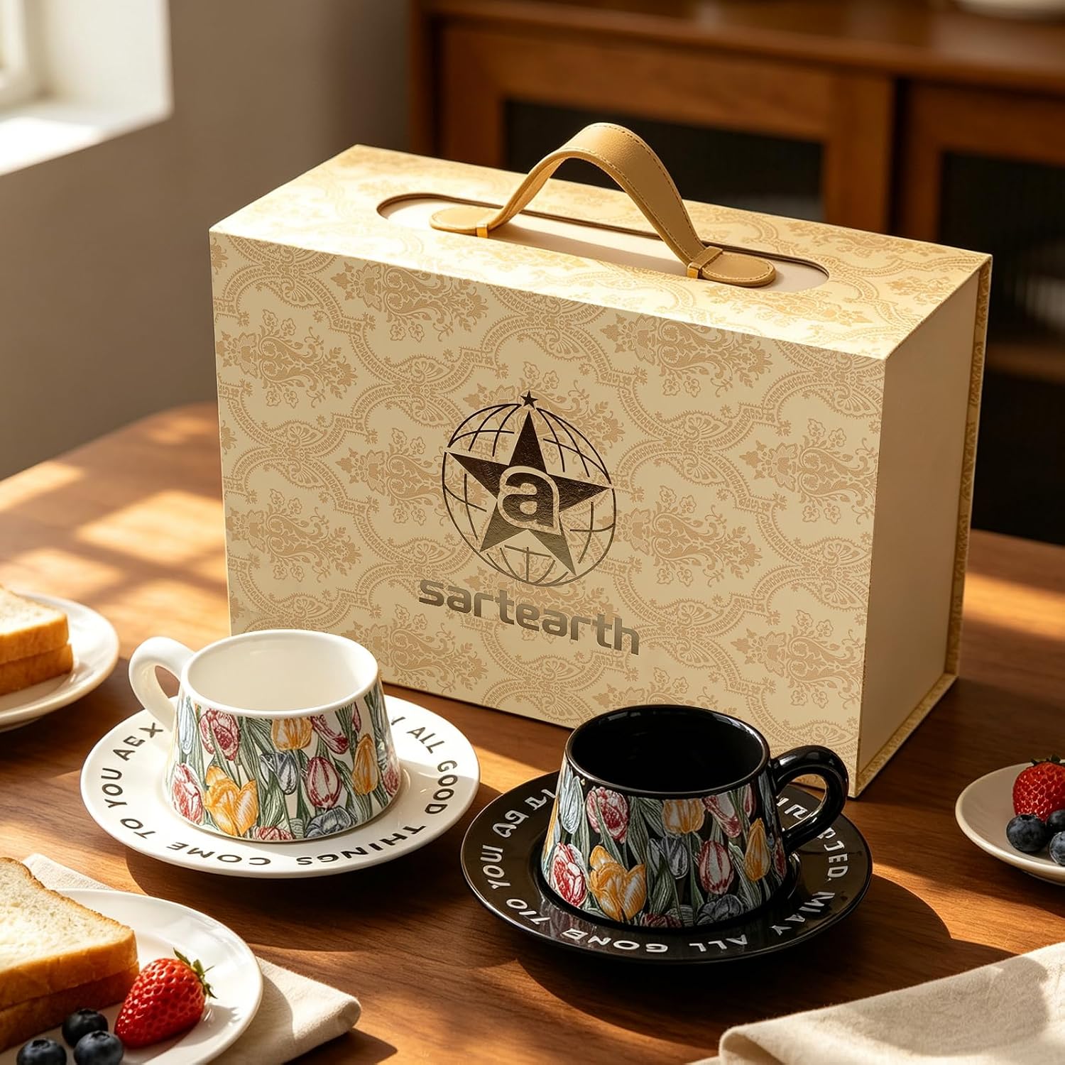 Floral Porcelain Tea Cups and Saucers for 2, 4-Piece Gift Set