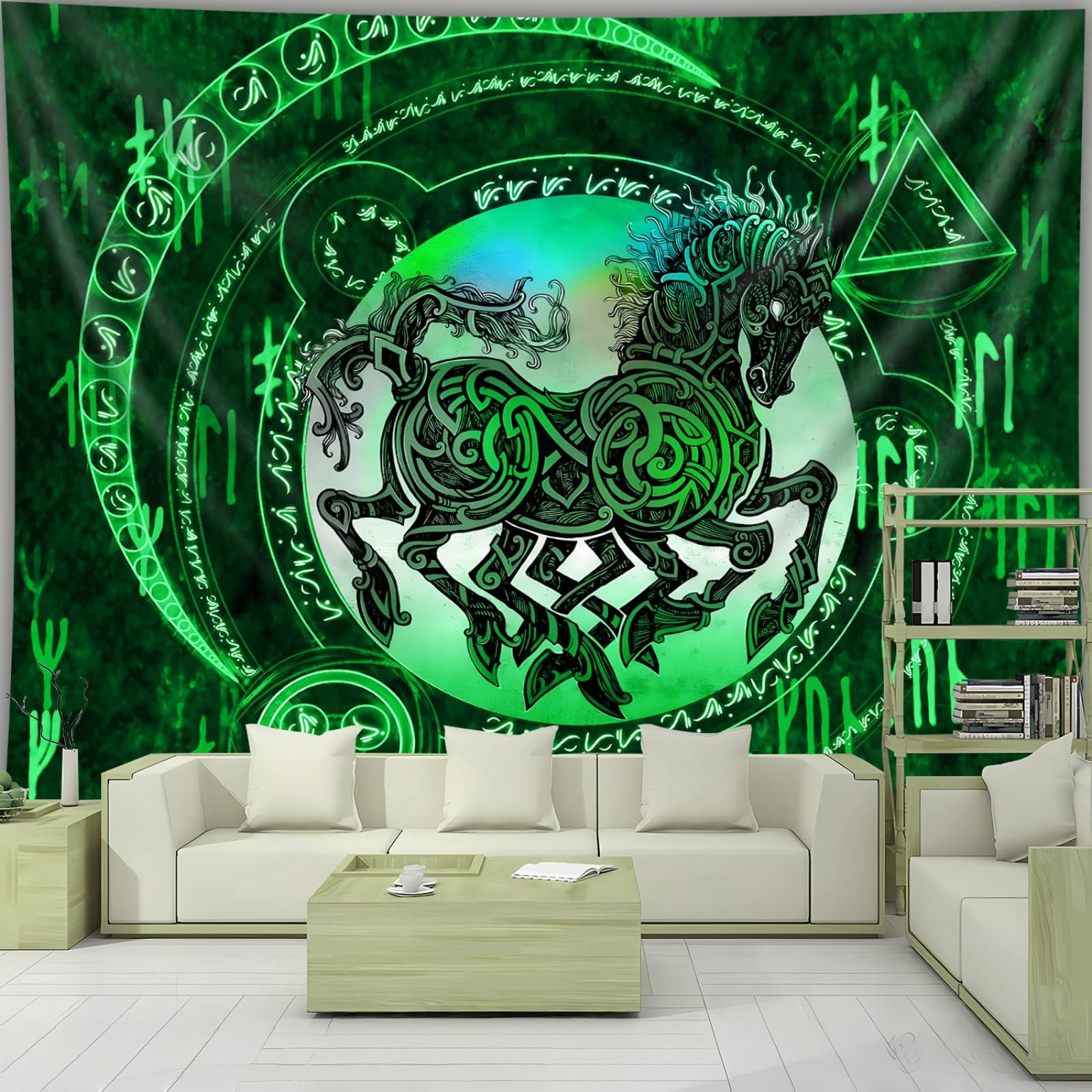 Arsey Odin Horse Viking Tapestry Wall Hanging, Mysterious Meditation Psychedelic Runes Tapestries for Living Room Bedroom Decor, Green 300 x 180 cm โ image 1