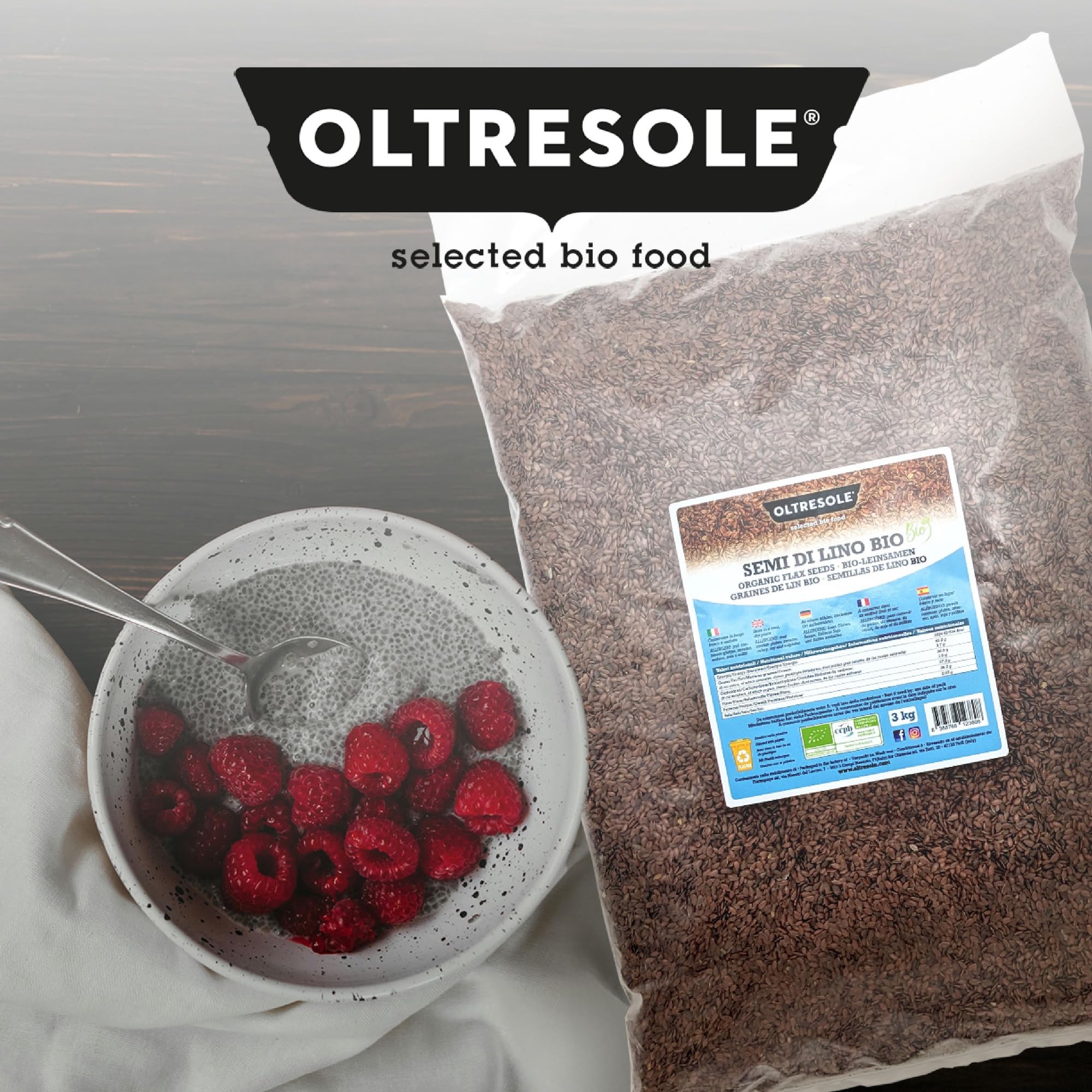 Oltresole, Semi di Lino Biologici 3 kg, Semi Oleosi Crudi, Interi e Scuri, Ricchi di Minerali e Fibre, Ideali per Ricette Sane e Bilanciate, Fonte di Omega-3 e Antiossidanti, 100% Naturali