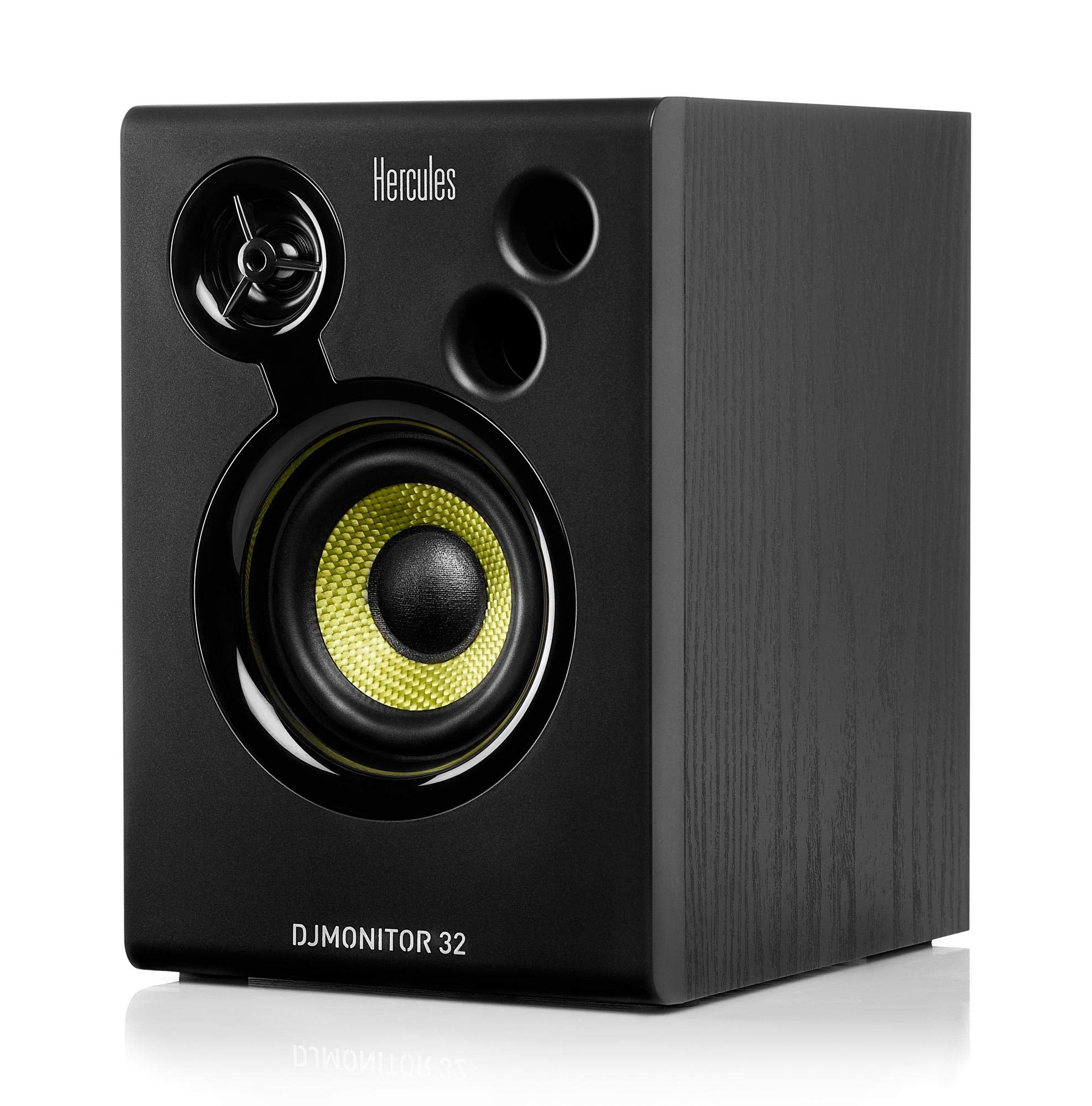 Hercules DJMonitor 32 Tischstativ Set (kompaktes Aktiv-Lautsprecher Paar mit 15W pro Satellit, 3"-Tieftöner & dualem Bass-Schacht im praktischen Set inkl. 2 Tischstativen für Studiomonitore) Schwarz
