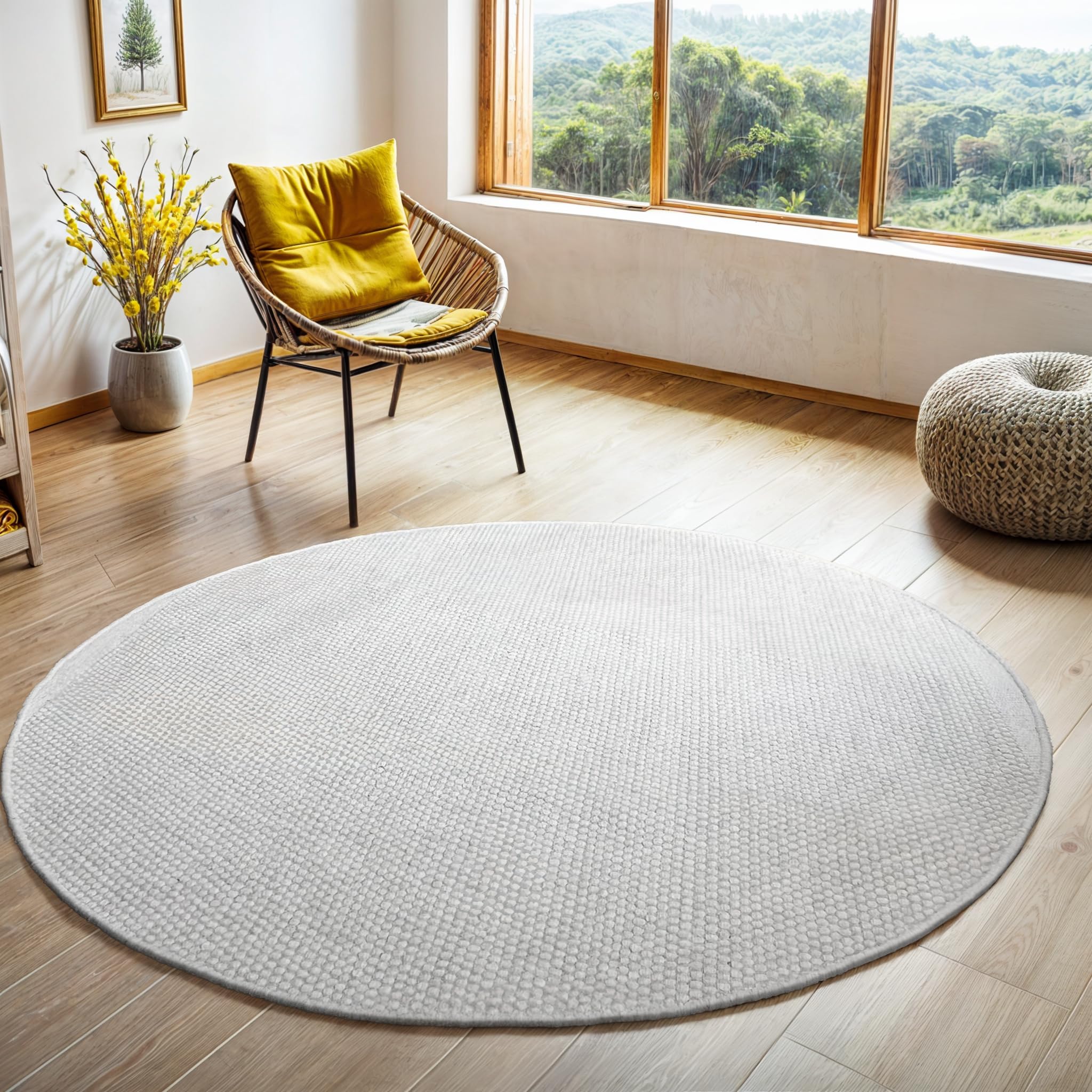 MY-RUG Wollteppich Rund 100 cm - Handgewebter Naturteppich aus Schurwolle | WoolHeaven Natur Weiß - Boho Wohnzimmer Teppich