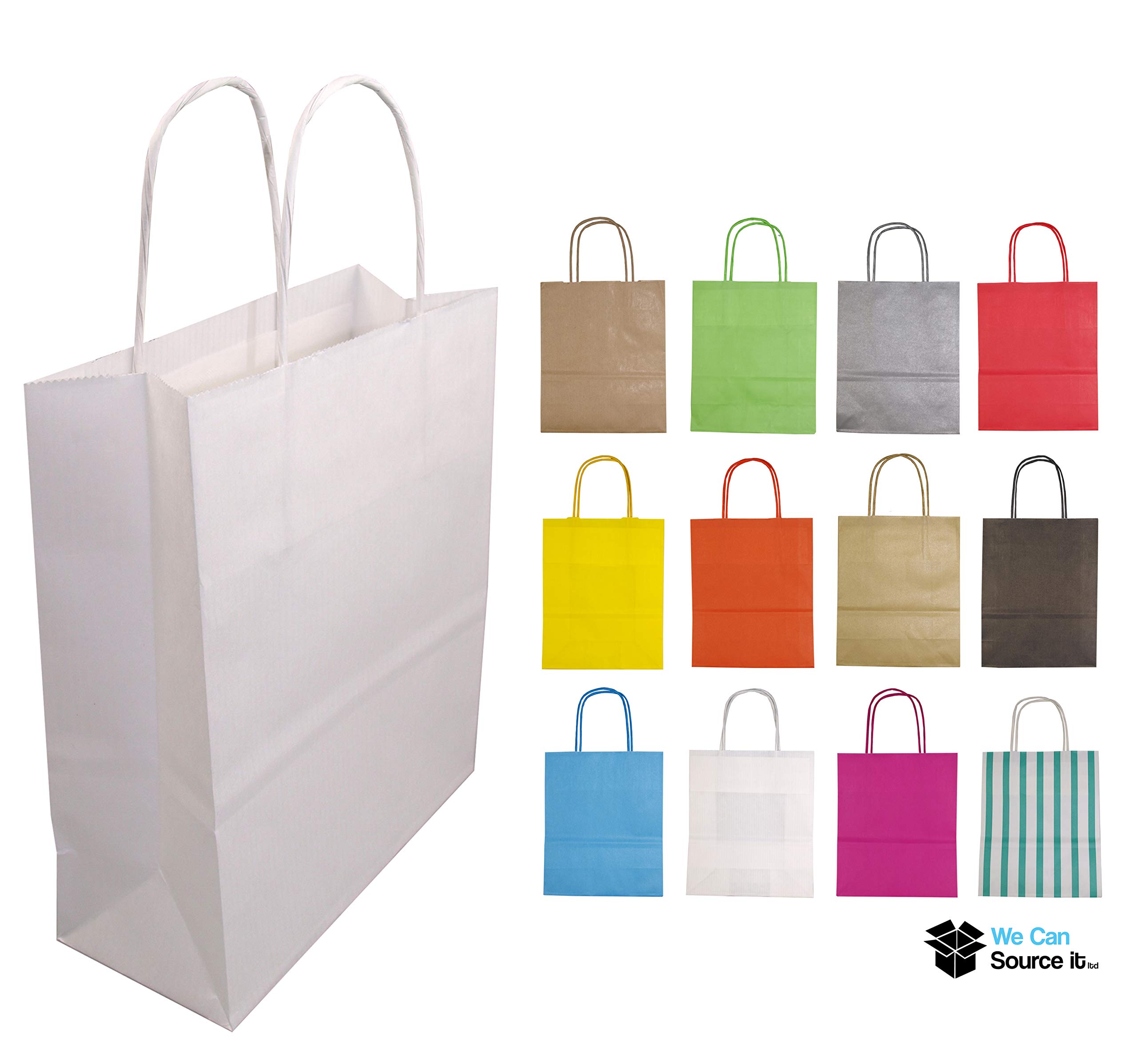 We Can Source It Ltd - Small Paper Party Gift Bags With Matching Coloured Handles - Perfect for kids parties, gifts, presents, shops, market stalls - Choose your quantity and colour (50, White)