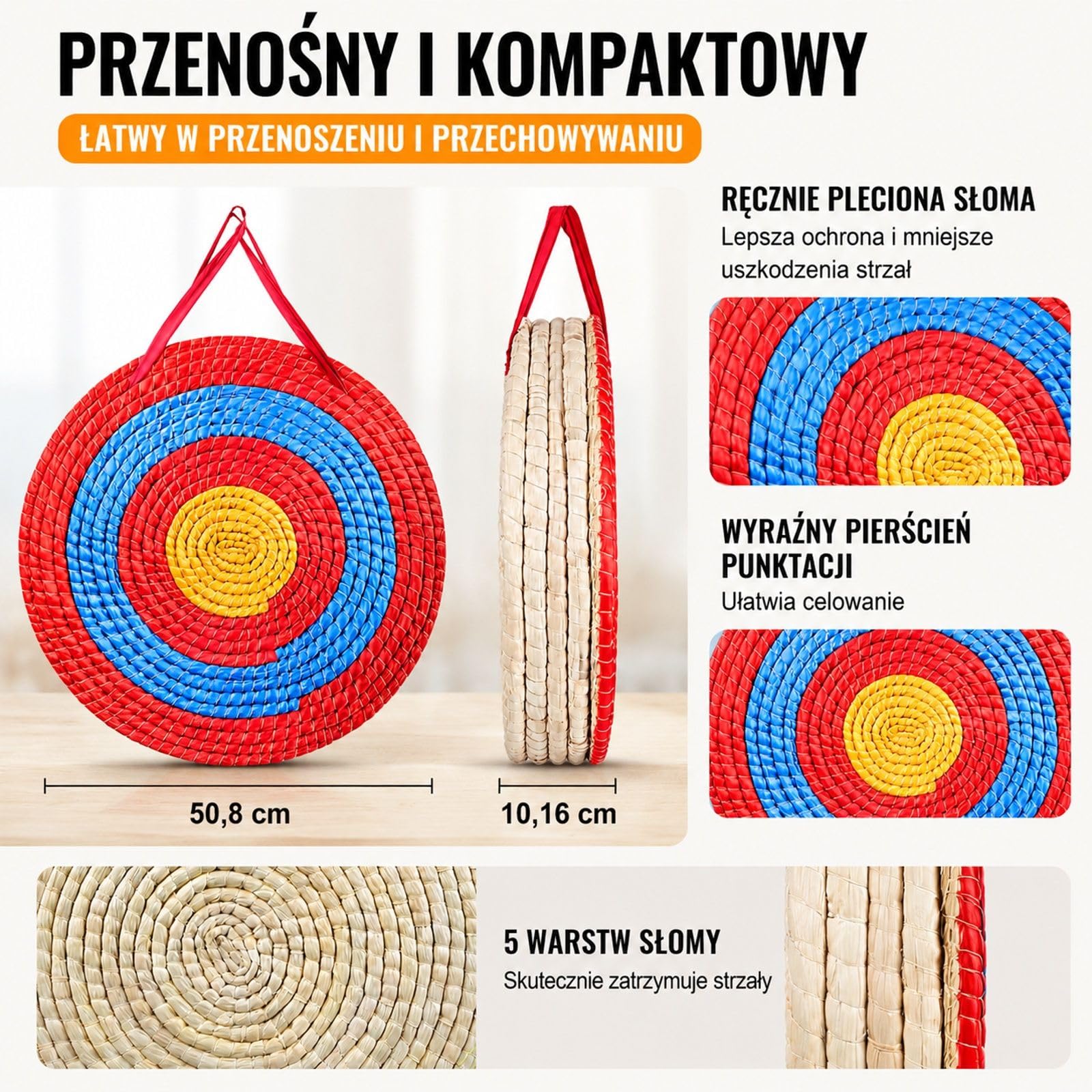 Ręcznie wykonana okrągła tarcza łucznicza ze słomy z czerwonymi niebieskimi żółtymi pierścieniami do treningu