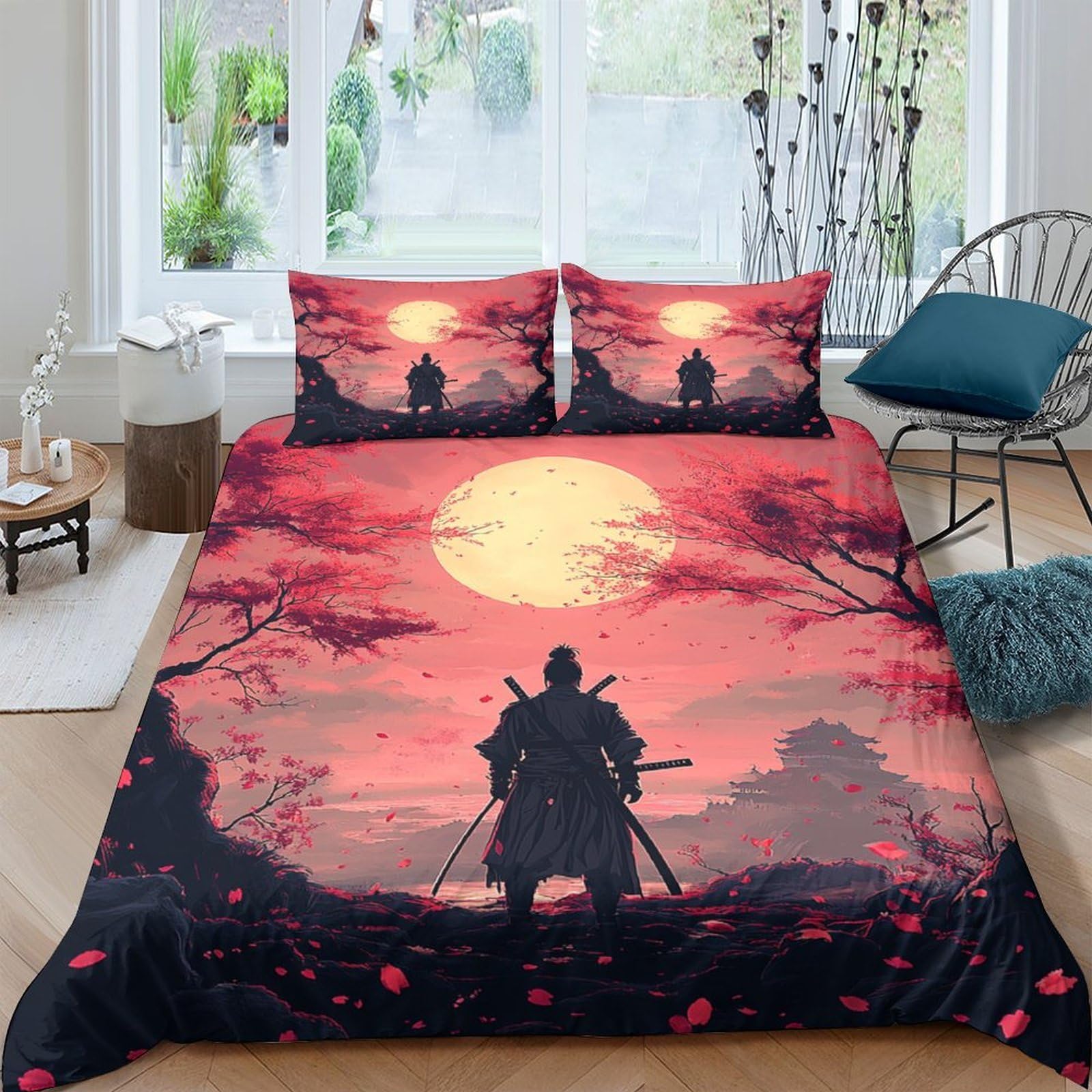 GPLZQXKJNH 3D Printed Samurai Sunset Duvet Cover Microfiber Soft Breathable Japanese Warrior Bedding Set with 2 Pillowcases for Bedroom Decor Single（135x200cm）