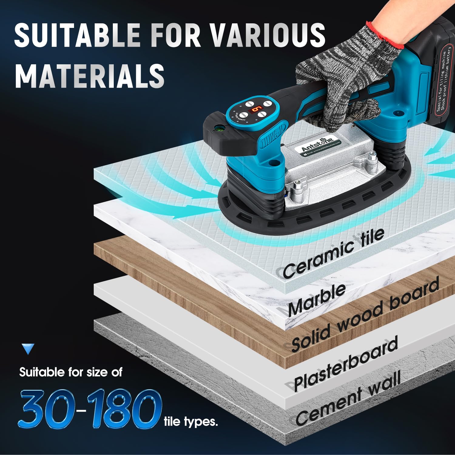 Herramienta de vibración de azulejos de 220 mm, ventosa de 441 libras/200 kg de adsorción, máquina niveladora de azulejos de mano, herramienta vibradora para nivelación de azulejos, colocación máxima
