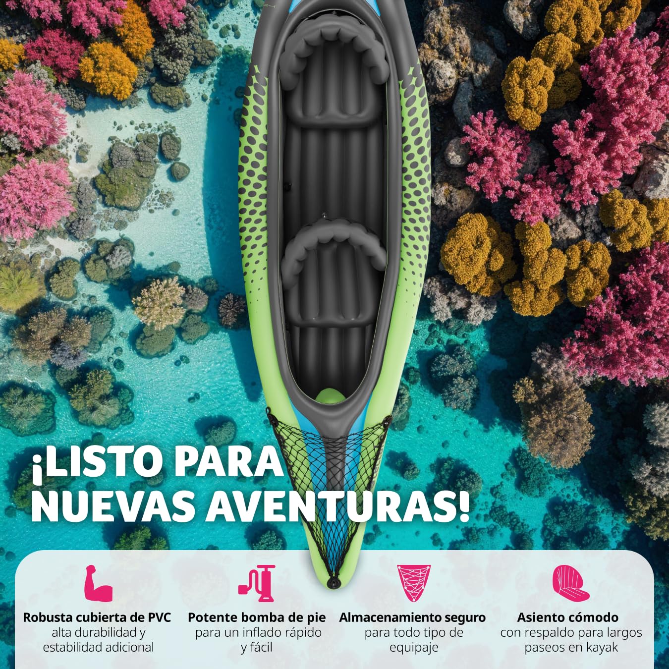 Tectake Kayak Inflable PVC Resistente Remo Doble Bomba Doble Acción Asiento Desmontable Quilla Acoplable Bolsa Transporte