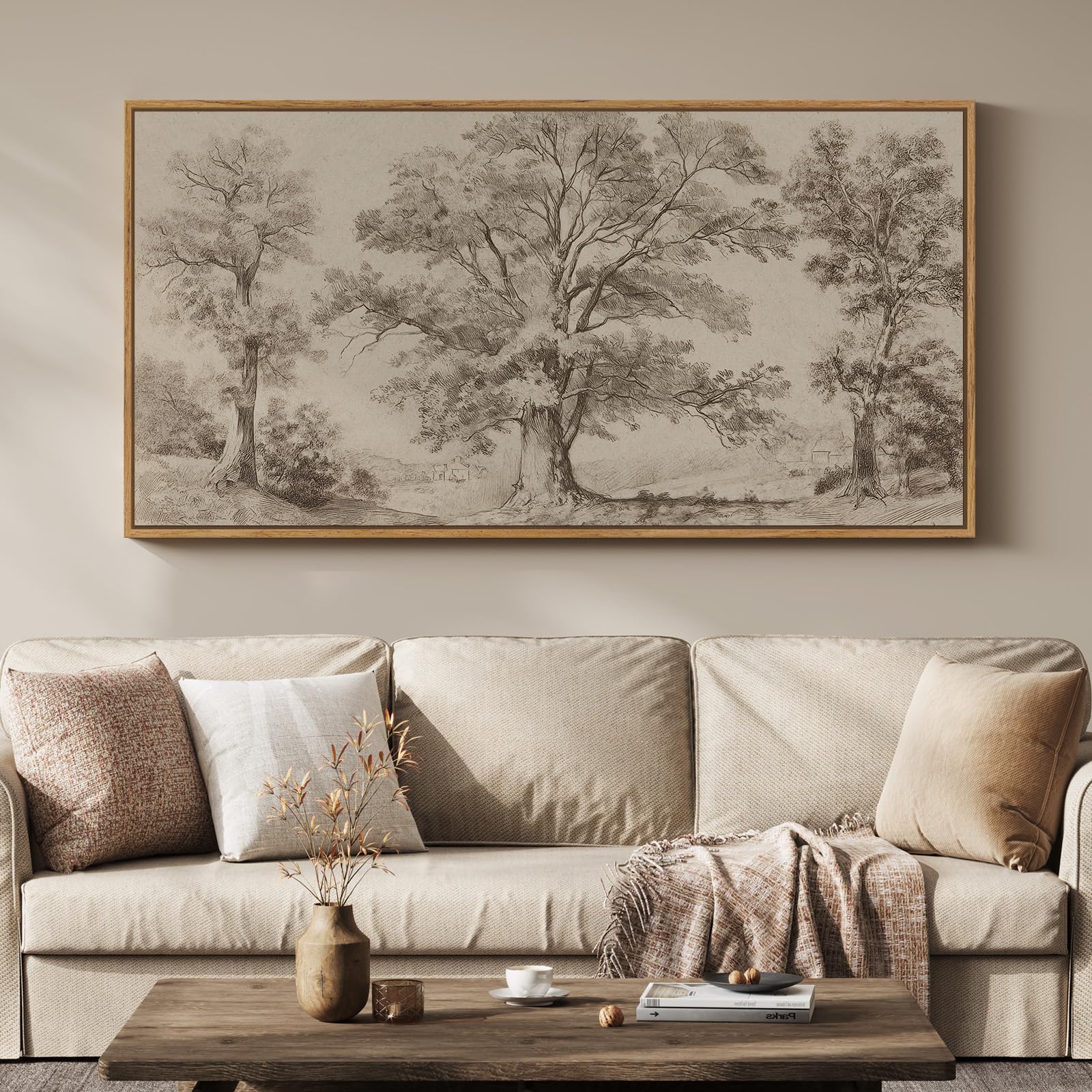 framed vintage landscape canvas wall art for living room, extra large horizontal rustic tree botanical picture prints paintings, neutral wabi sabi artwork decor for bedroom entryway 60x30 inch