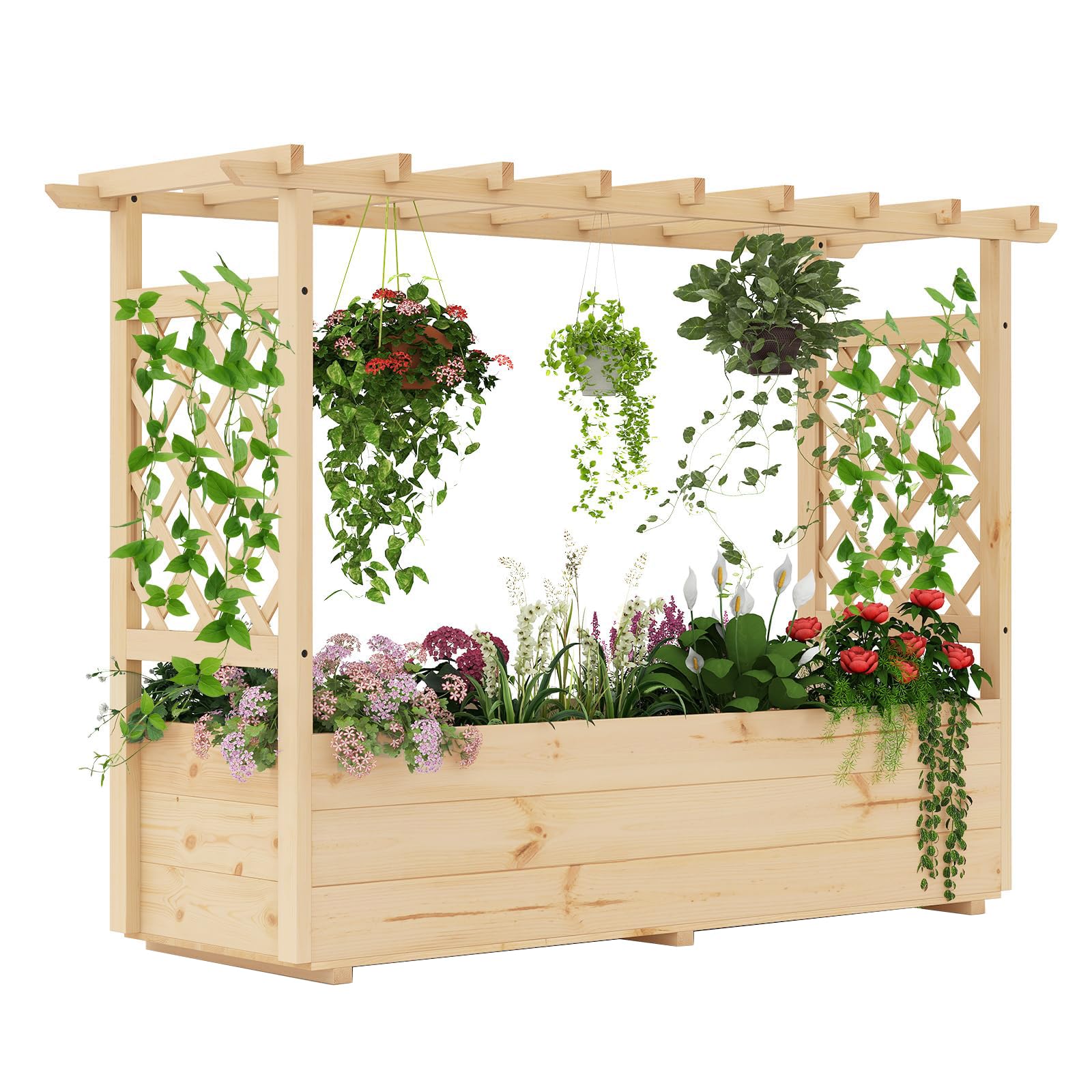 RELAX4LIFE Pflanzkasten mit Rankgitter, Hochbeet mit Hängedach, Blumenbeet für Kletterpflanzen Blumen Gemüse Obst, Blumenkasten für Balkon Terrasse Garten (148 x 50 x 103cm)