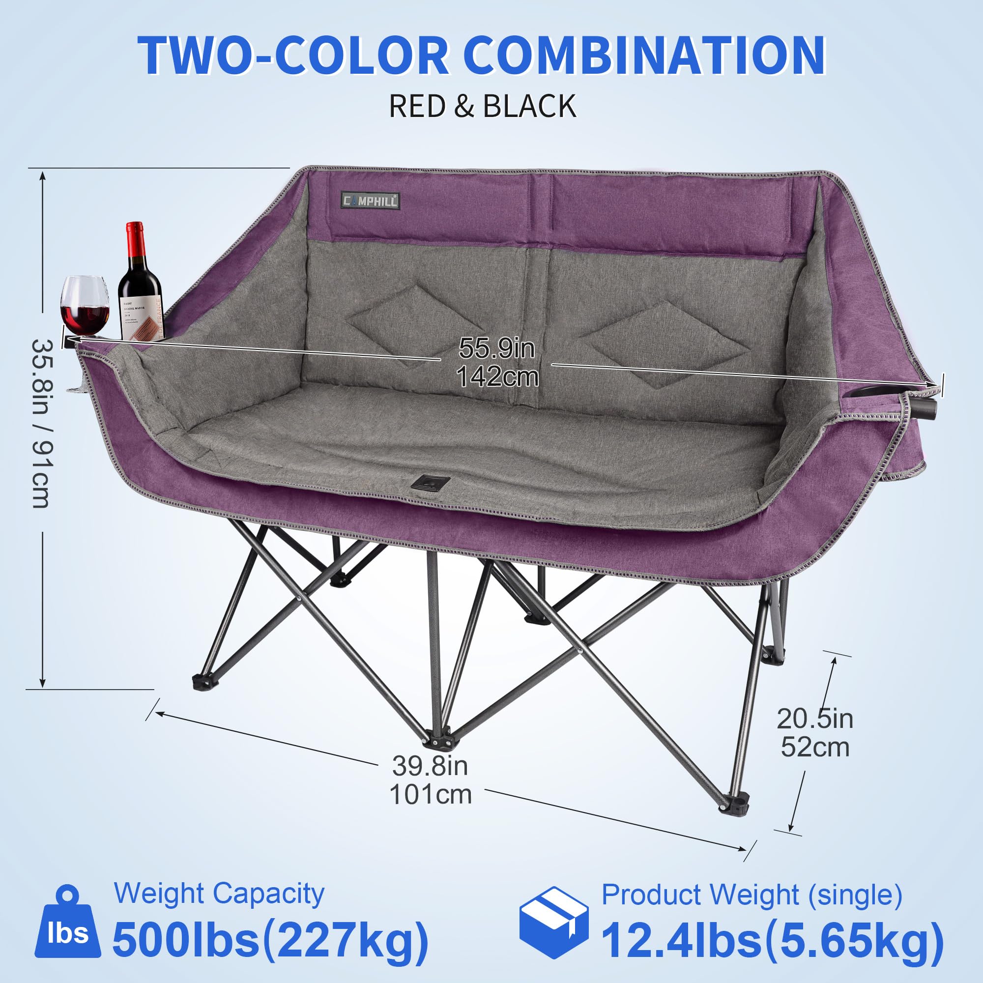 Newbro Chaise De Camping Double Surdimensionnée Pour Adultes, Entièrement Rembourrée, Chaise De Camping Pliante, Grande Chaise De Jardin Robuste Avec Accoudoirs, Bleu Marine Et Gris