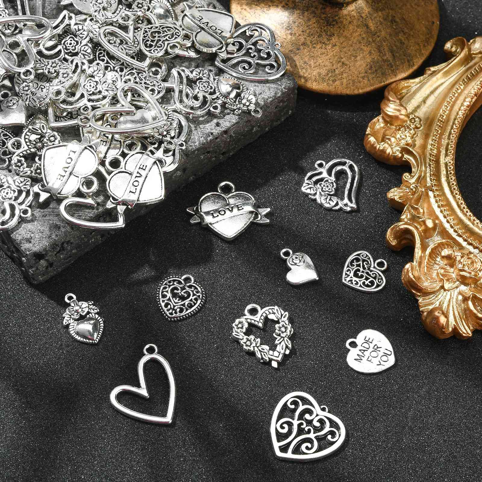 Stiesy 100Pcs 10 Styles Antique Style Heart Charms Tibetan Silver Sweet Heart Dangle Charms for DIY Crafts Jewelry Making - Image 3