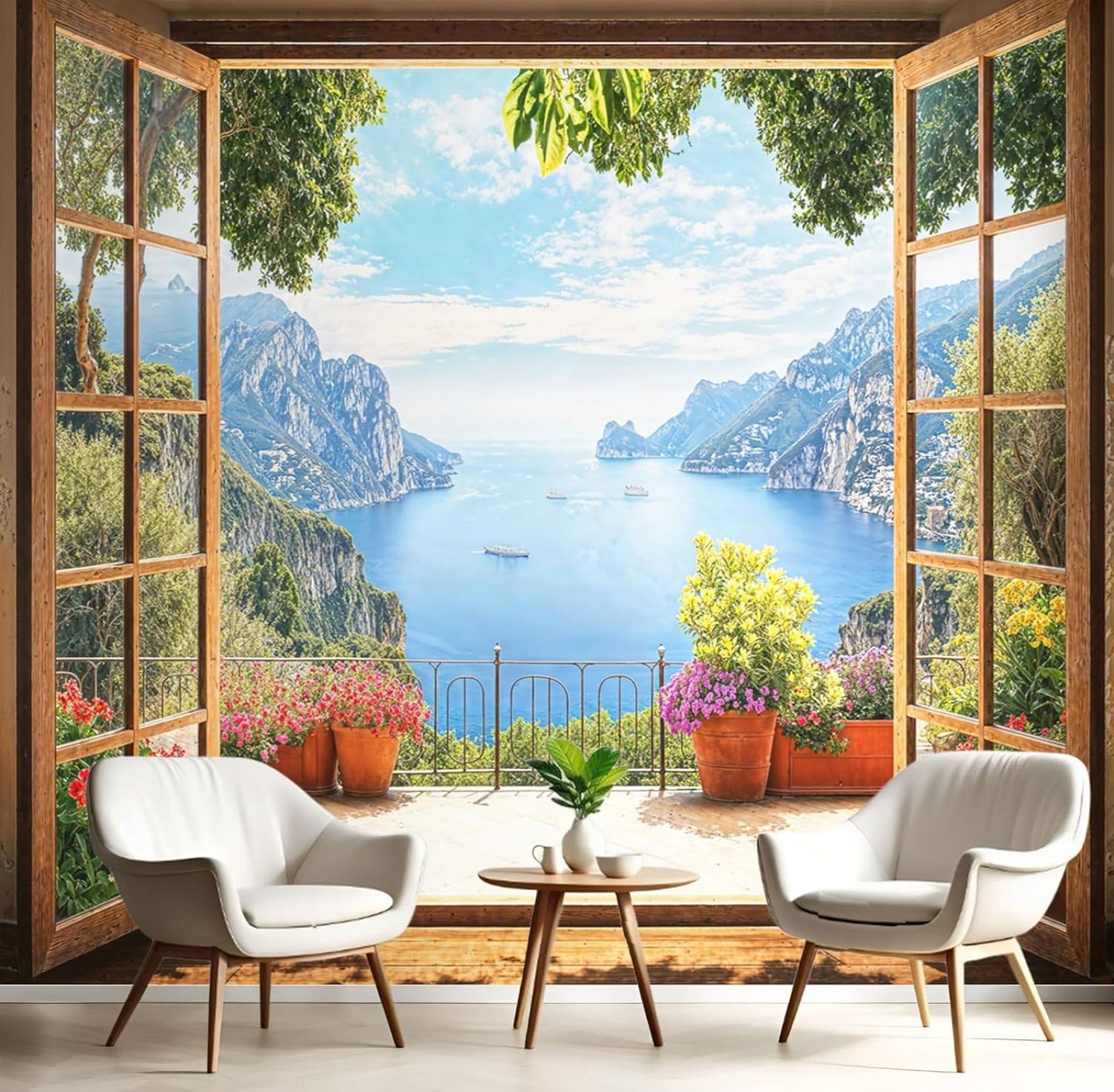 Kfjhgbdshhj 3D Mural Photo Mural-Wallpaper 3D Wooden Window Flowers Murals, Nature Mountains Xxl Wall Mural Bedroom, Living Room, Tv Background, 150Cm X 105Cm Poster - Wall Sticker - Frameless Pictu