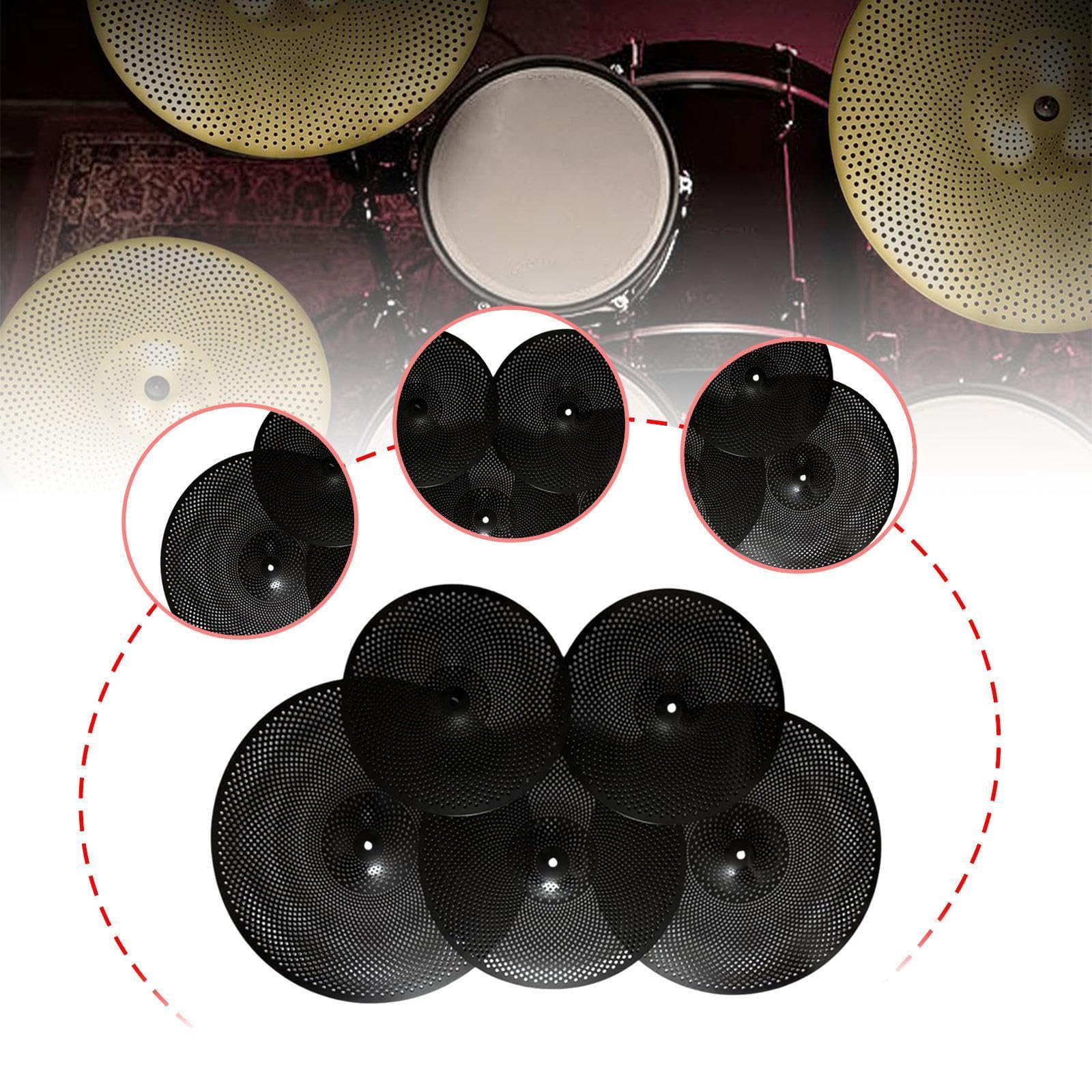 Generic Juego de 5 platillos de bajo volumen diseñados para una práctica silenciosa con tamaños esenciales para bateristas, color negro