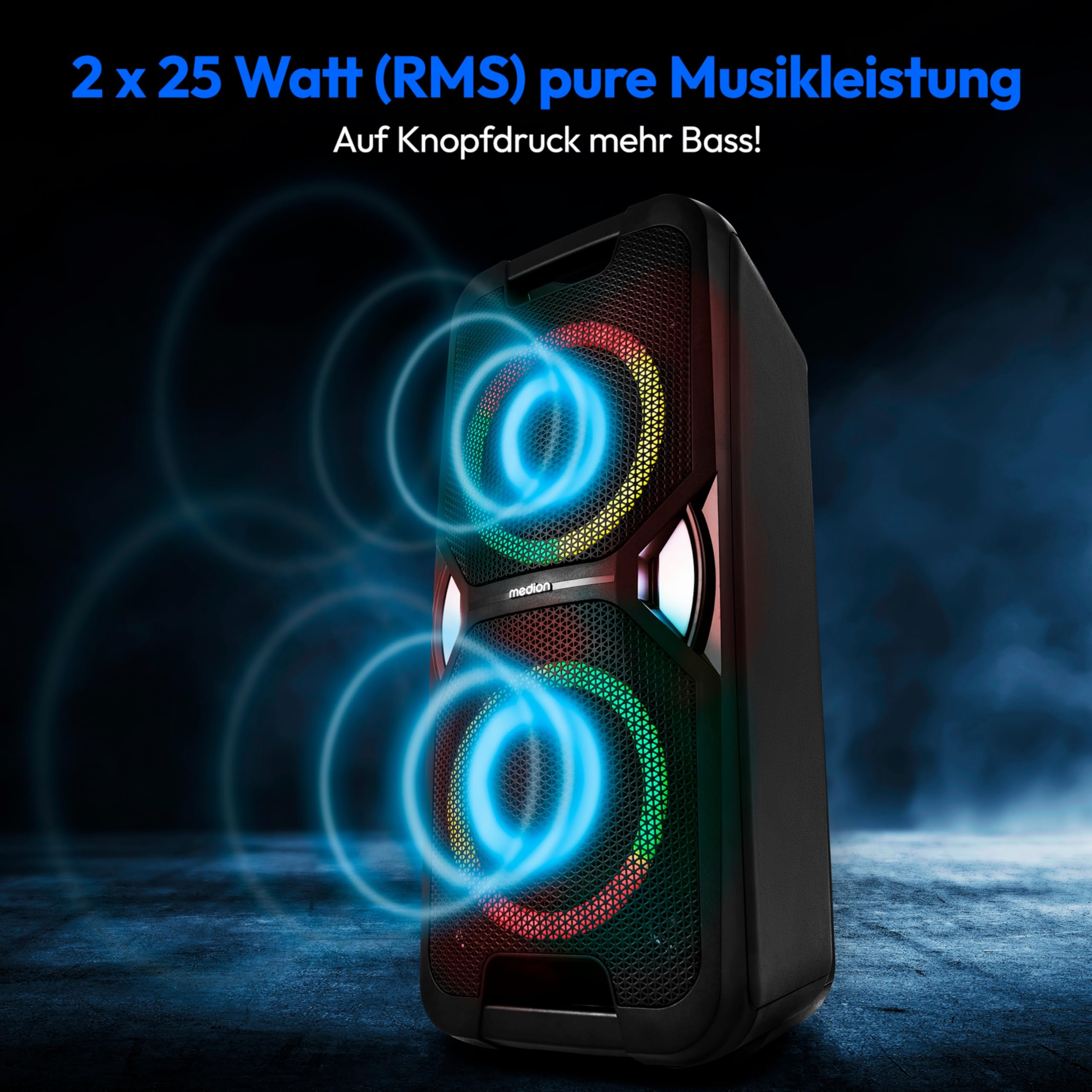 MEDION PE-1 Pure Partybox (Akku, mit Mikrofon, tragbarer Bluetooth Lautsprecher groß, Musikbox, Verschiedene Lichteffekte, Partylautsprecher mit Karaoke, 2 x Mikrofonanschluss, AUX, USB, Radio)