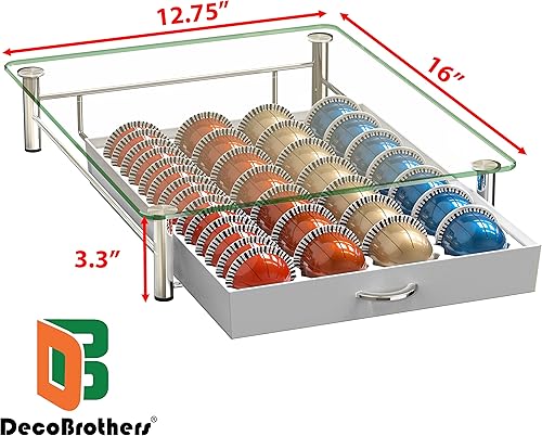 Miniatura 3 de DecoBrothers - Cajón de cristal templado para cápsulas Vertuo, 28 grandes o 56 pequeñas cápsulas Nespresso, color blanco