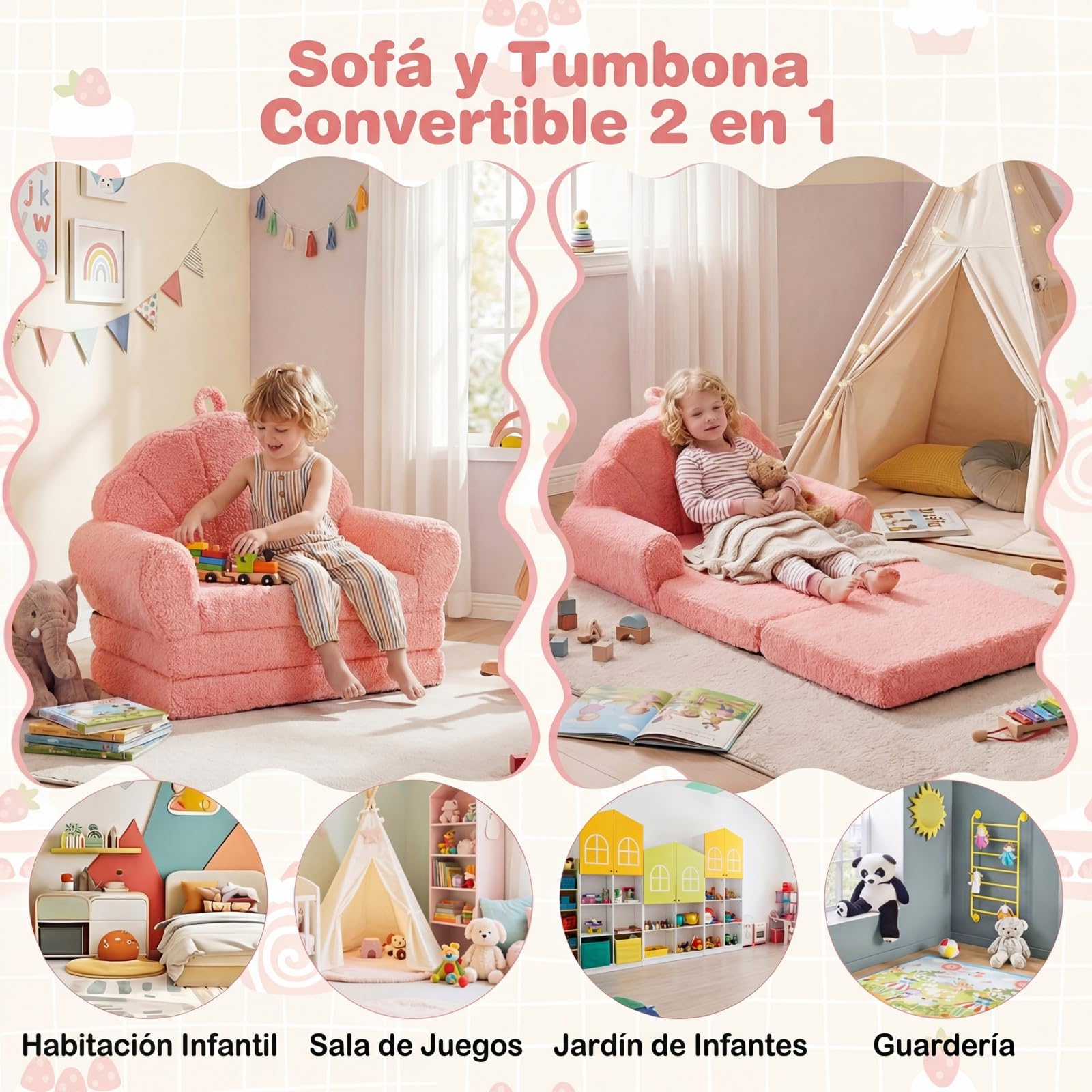 GOPLUS Sofá Plegable para Niños, Sofá Cama 2 en 1 con Funda de Forro Polar Lavable, Respaldo en Forma de Concha y Reposabrazos, Sillón Infantil de Espuma para Niños de 3+ Años (Rosa)