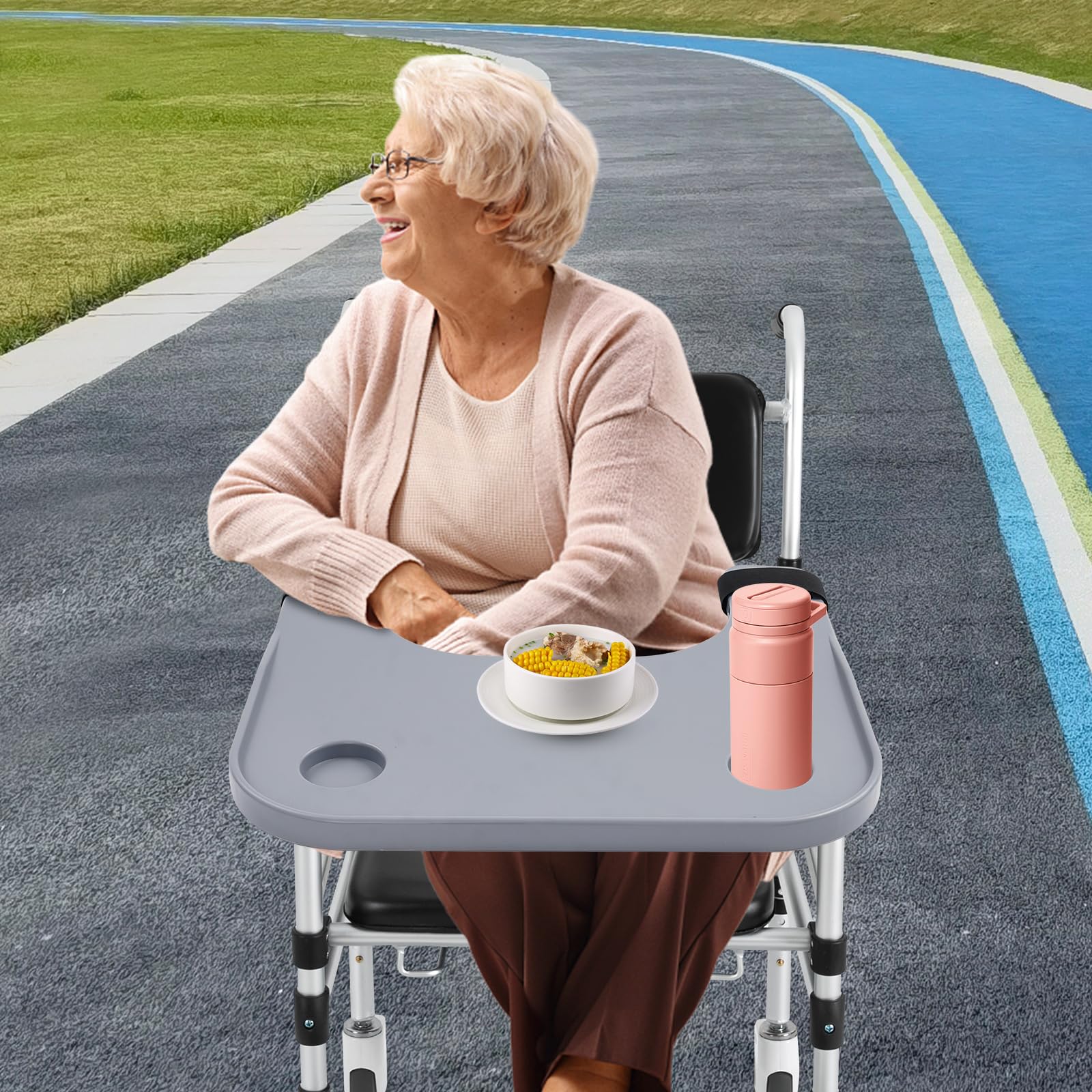 Rollstuhltisch abnehmbar, Rollstuhl Tablett mit Getränkehaltern, ABS Ess- und Arbeitstablett, Anti-Rutsch, einfache Befestigung, für Senioren, Pflege, Mobilitätshilfe, 58 × 53cm