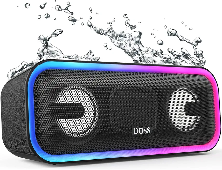DOSS SoundBox Pro+ Bluetooth Lautsprecher, 24W Stereo Sound, Extra Bass, 15h Akku, IPX6 Wasserdicht, Bunten Lichtshow, Stereo Pairing, Musikbox Bluetooth für Handy, Draußen, Strand, Zuhause - Schwarz