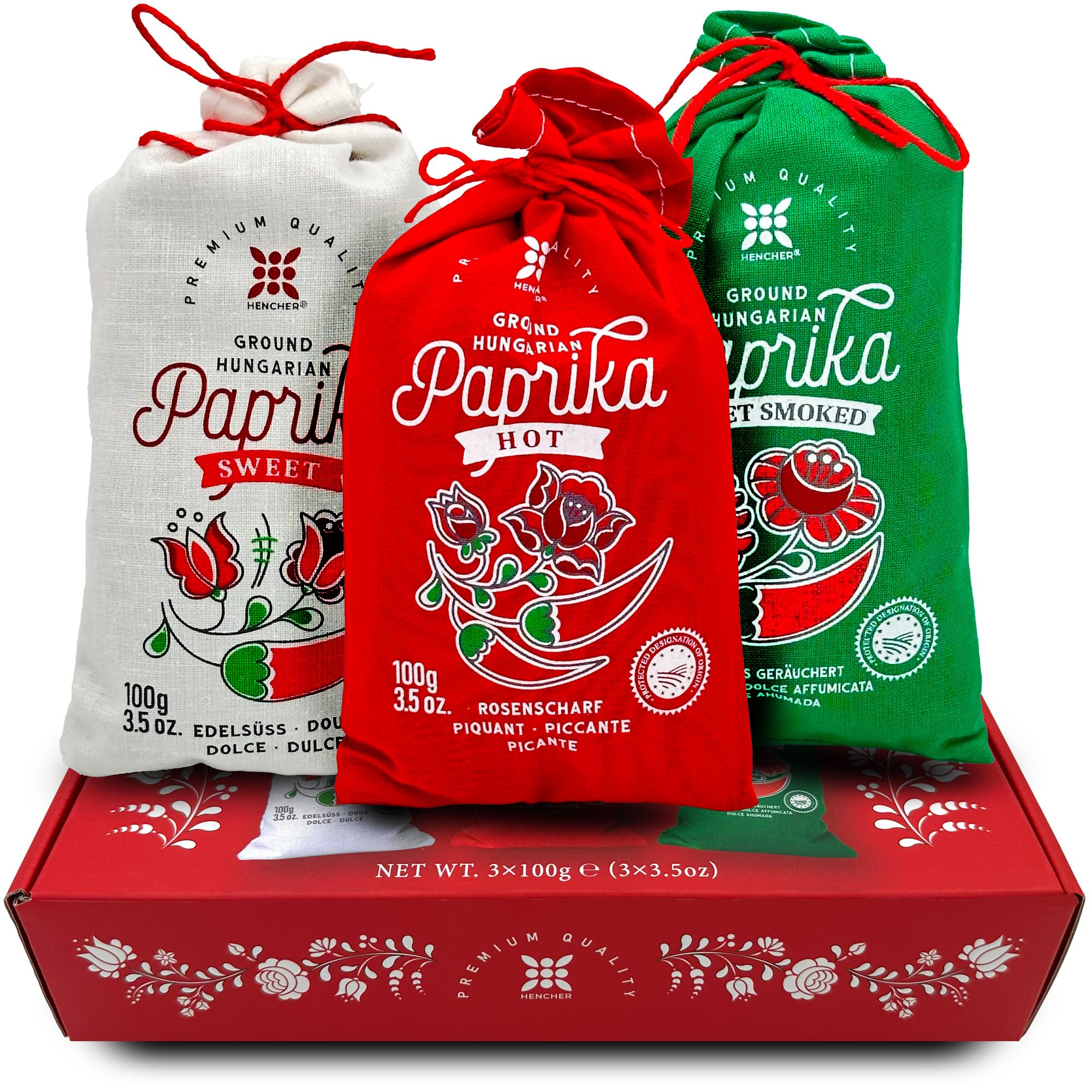 Set regalo di paprika ungherese (3x100 g) importata da Kalocsa, Ungheria, 3 gusti: dolce, piccante e dolce affumicata