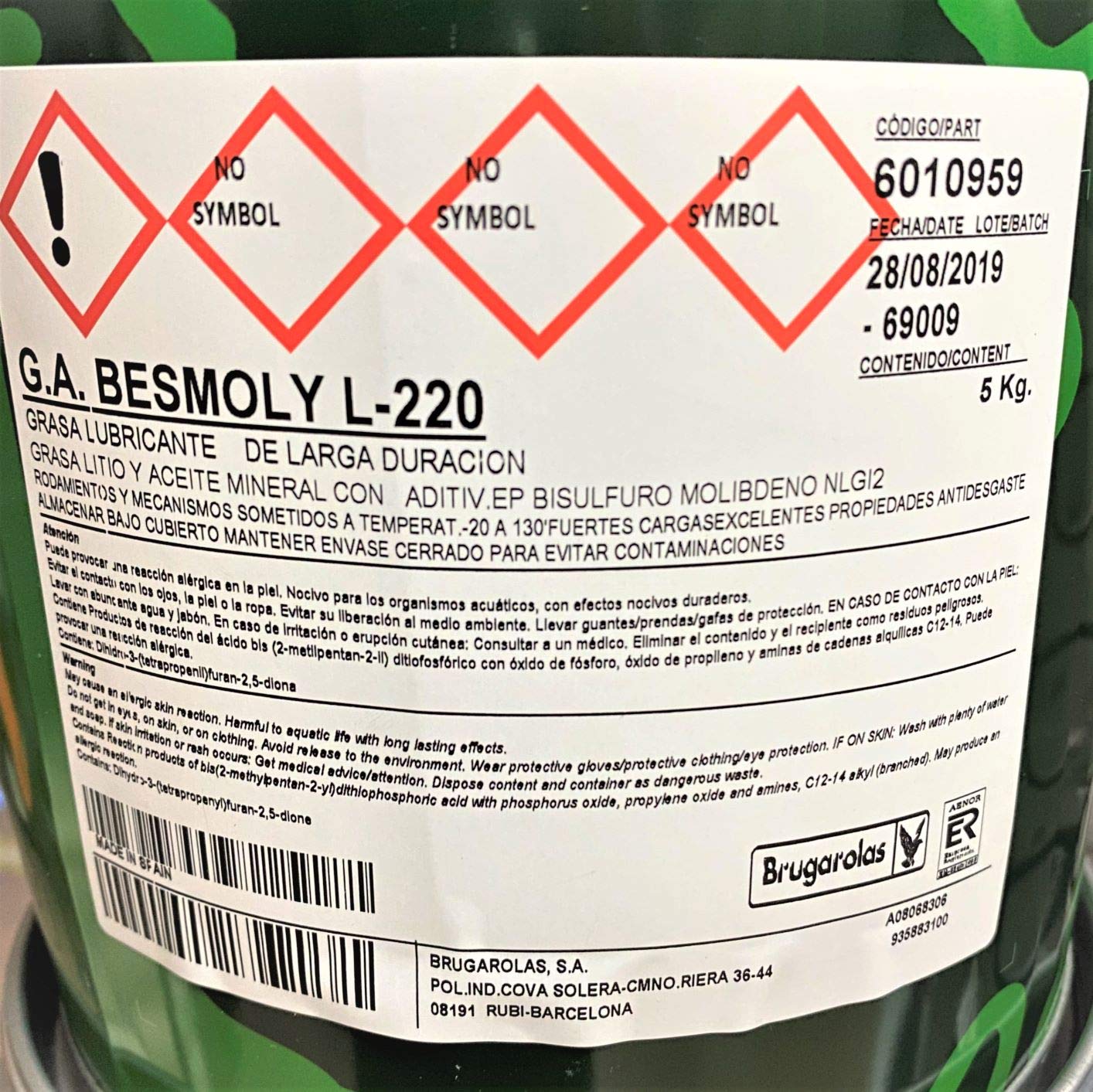 Grasa Besmoly L-220. Envase 5kg. Grasa consistente de Larga duración con bisulfuro de molibdeno. Color Negra.