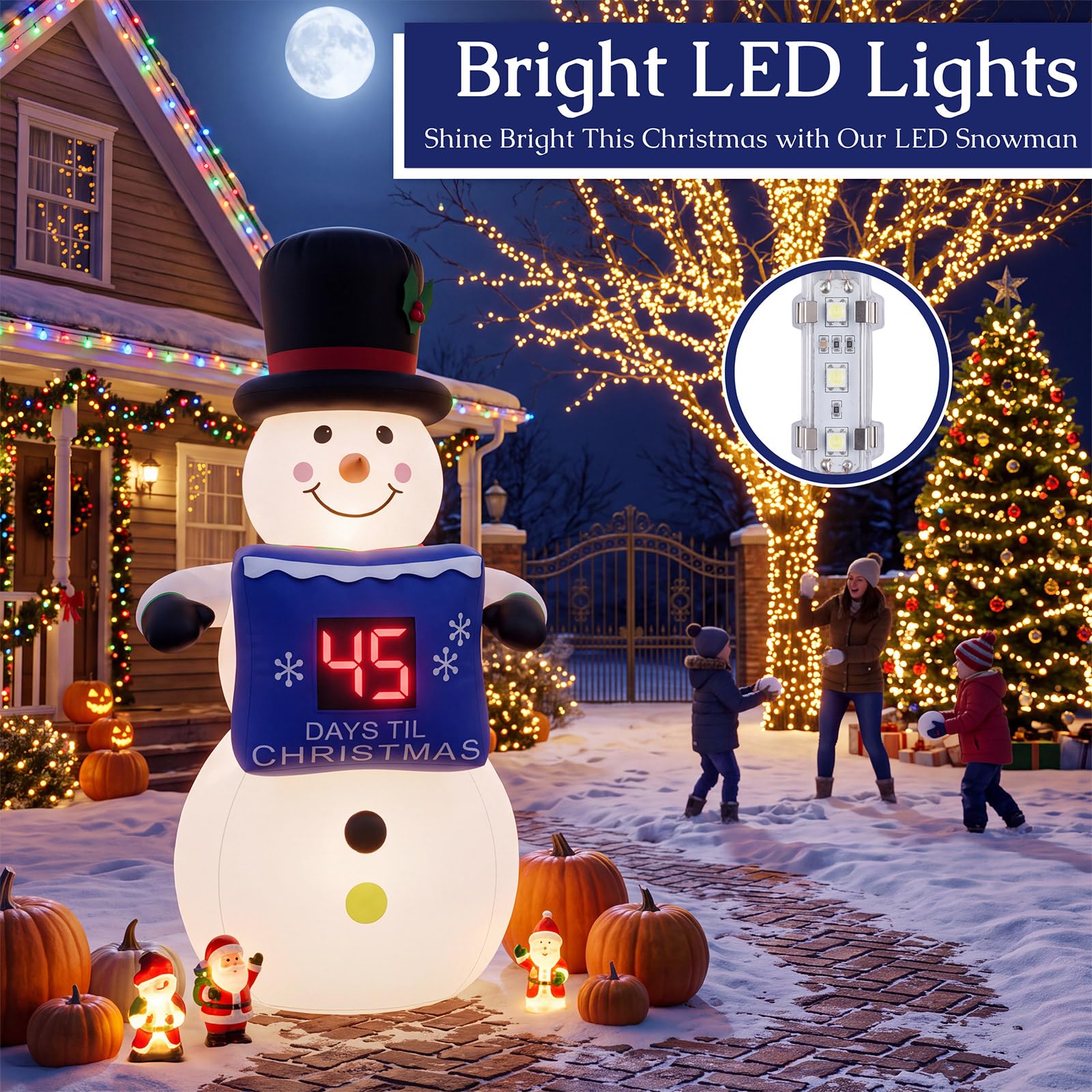 Foilswirl Bonhomme de neige gonflable de Noël de 1,32 m avec compte à rebours LED Bonhomme de neige gonflable Compte à rebours extérieur lumineux Décoration de fête de Noël pour la maison, la cour, le
