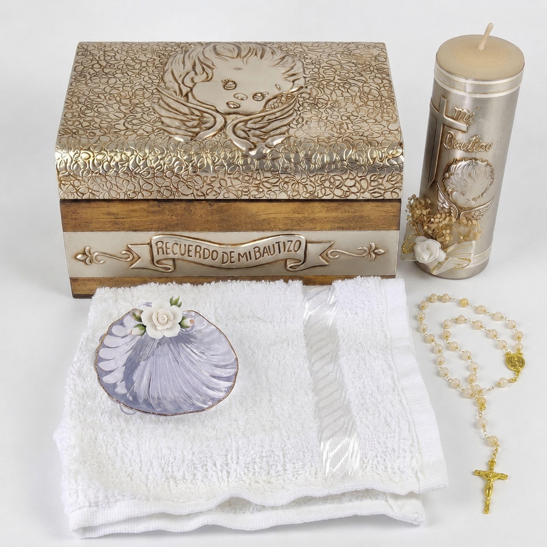 Ensemble de bougies de baptême pour garçons et filles dans une boîte de décoration de qualité supérieure avec serviette, chapelet et coquillage inclus – Velas para bautizo Recuerdos de bautizo – Kit