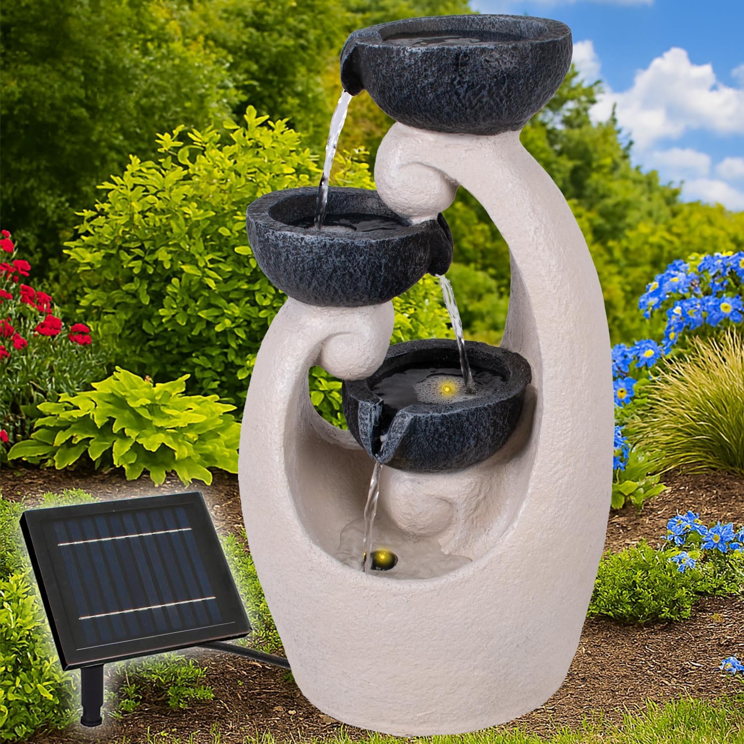 Fontaine Solaire « BAUMSTUMPF & TONKRÜGE-3 » avec Batterie Li-ION et éclairage LED (Fontaine Solaire Harmonie Source)