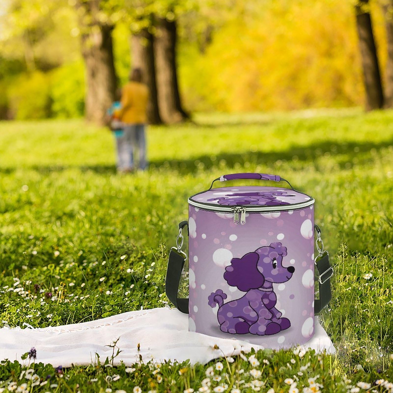 Borsa termica morbida a pois viola con barboncini e tasche multiple, borsa termica a prova di perdite, pieghevole, per spiaggia, viaggi, lavoro
