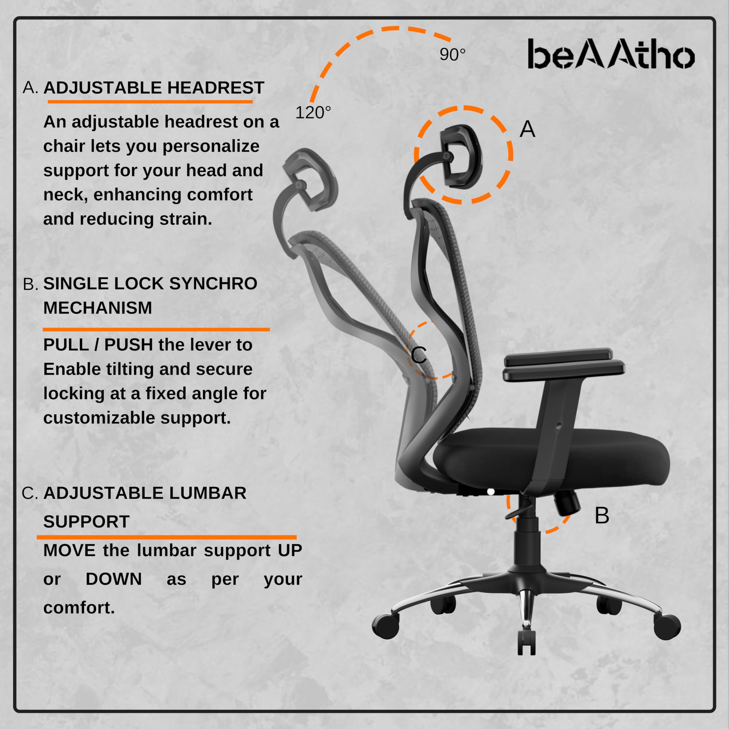 beAAtho Dusk Ergonomic High Back Office Chair 2D Adjustable Arm, Headrest, Lumbar Support, Metal Base Revolving Mesh Chair - Home & Office | 3 Years Warranty