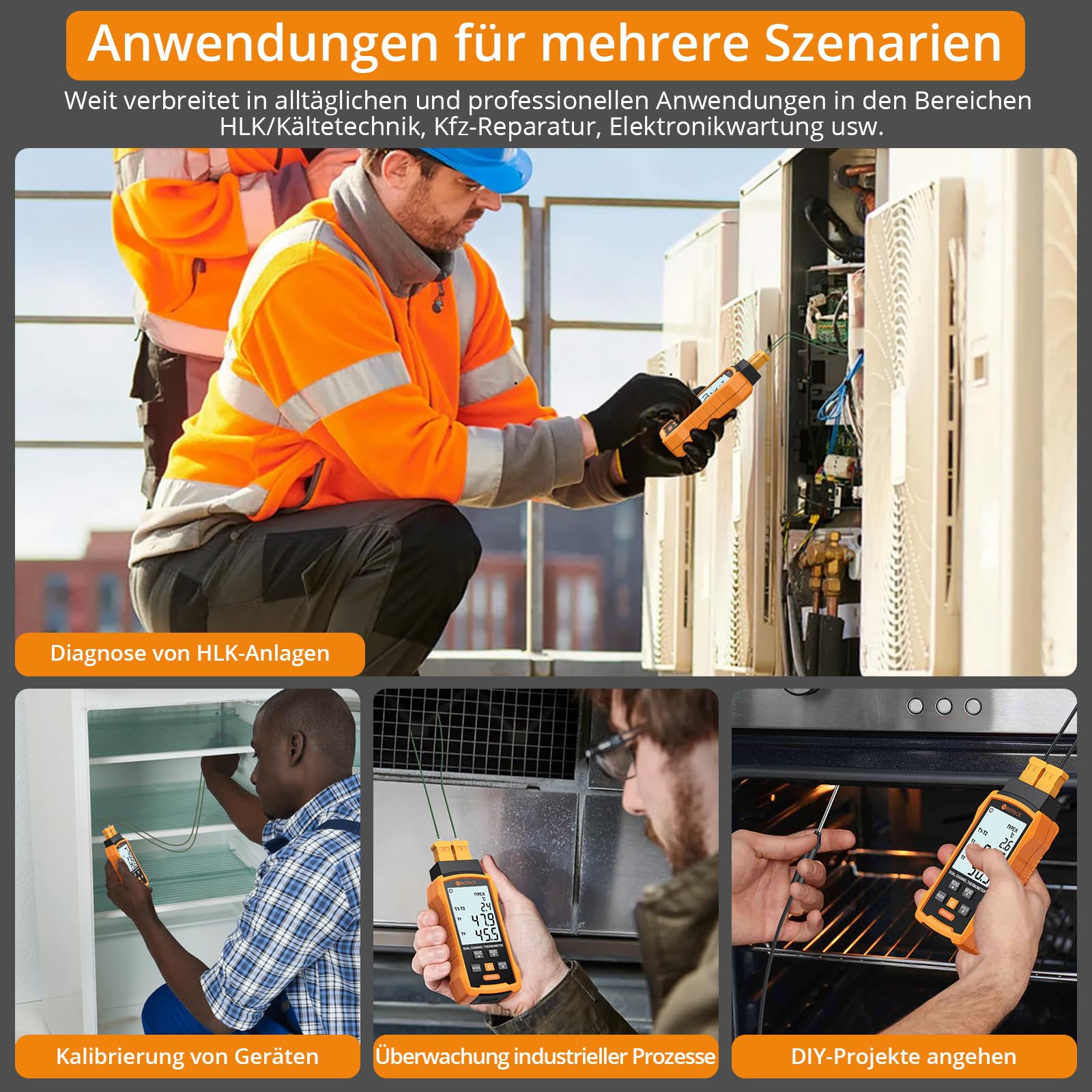 Neoteck Digital Thermoelement Thermometer Dual Kanal K/J Digitales Thermometer mit 4 Thermoelementen -50~1300°C Zweikanal-Temperaturmessgerät für HLK, Automobilen, elektrischer Wartung
